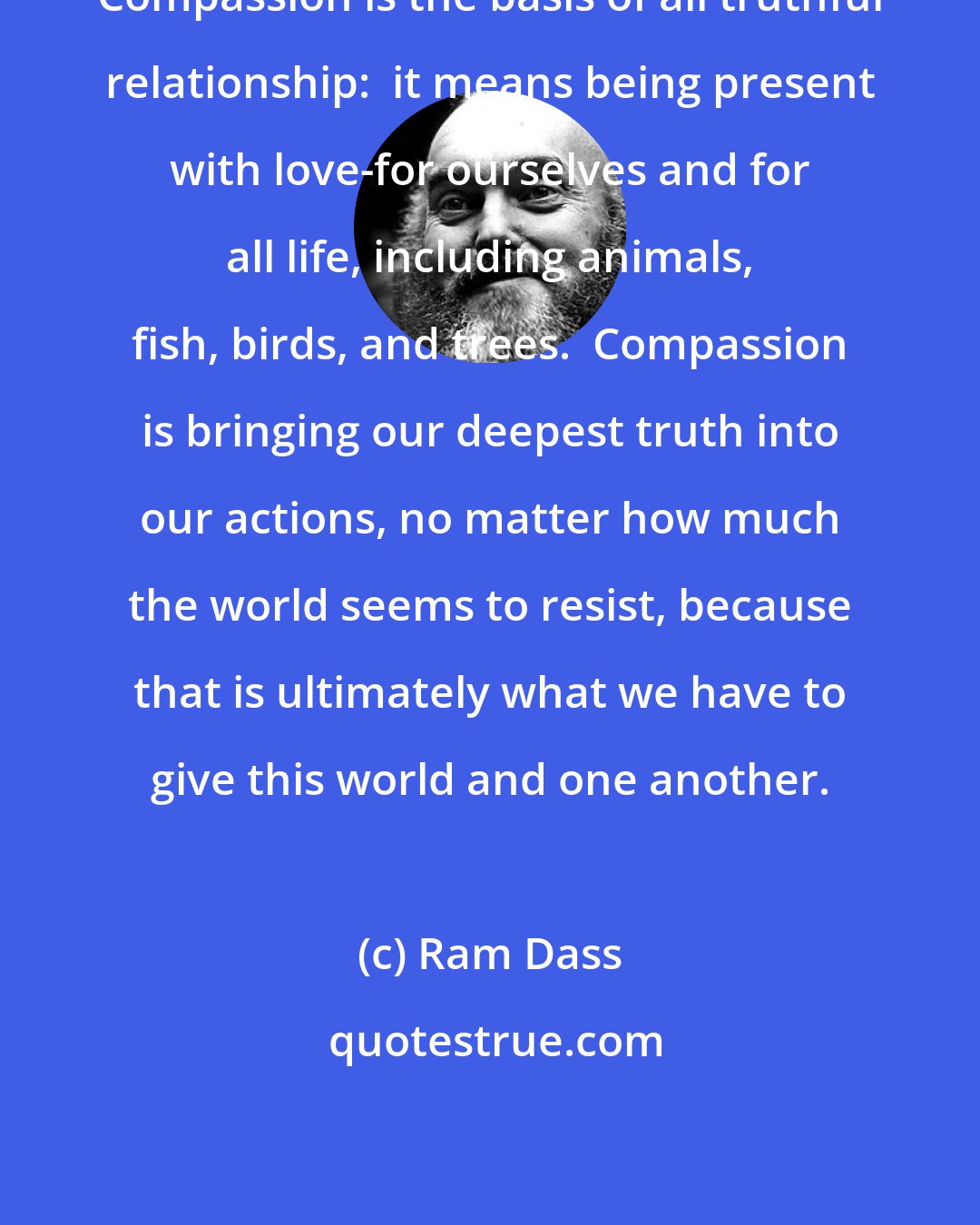 Ram Dass: Compassion is the basis of all truthful relationship:  it means being present with love-for ourselves and for all life, including animals, fish, birds, and trees.  Compassion is bringing our deepest truth into our actions, no matter how much the world seems to resist, because that is ultimately what we have to give this world and one another.