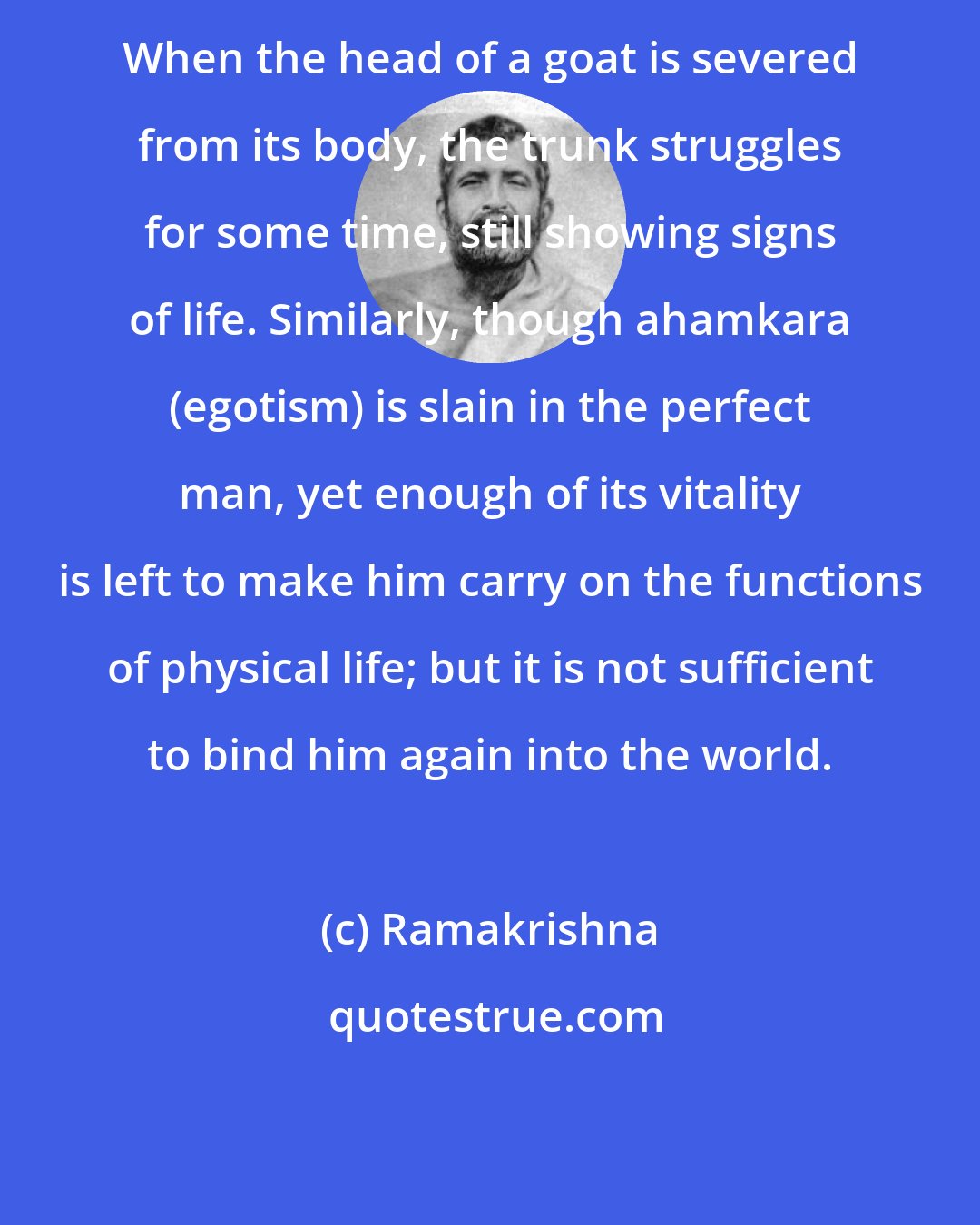 Ramakrishna: When the head of a goat is severed from its body, the trunk struggles for some time, still showing signs of life. Similarly, though ahamkara (egotism) is slain in the perfect man, yet enough of its vitality is left to make him carry on the functions of physical life; but it is not sufficient to bind him again into the world.