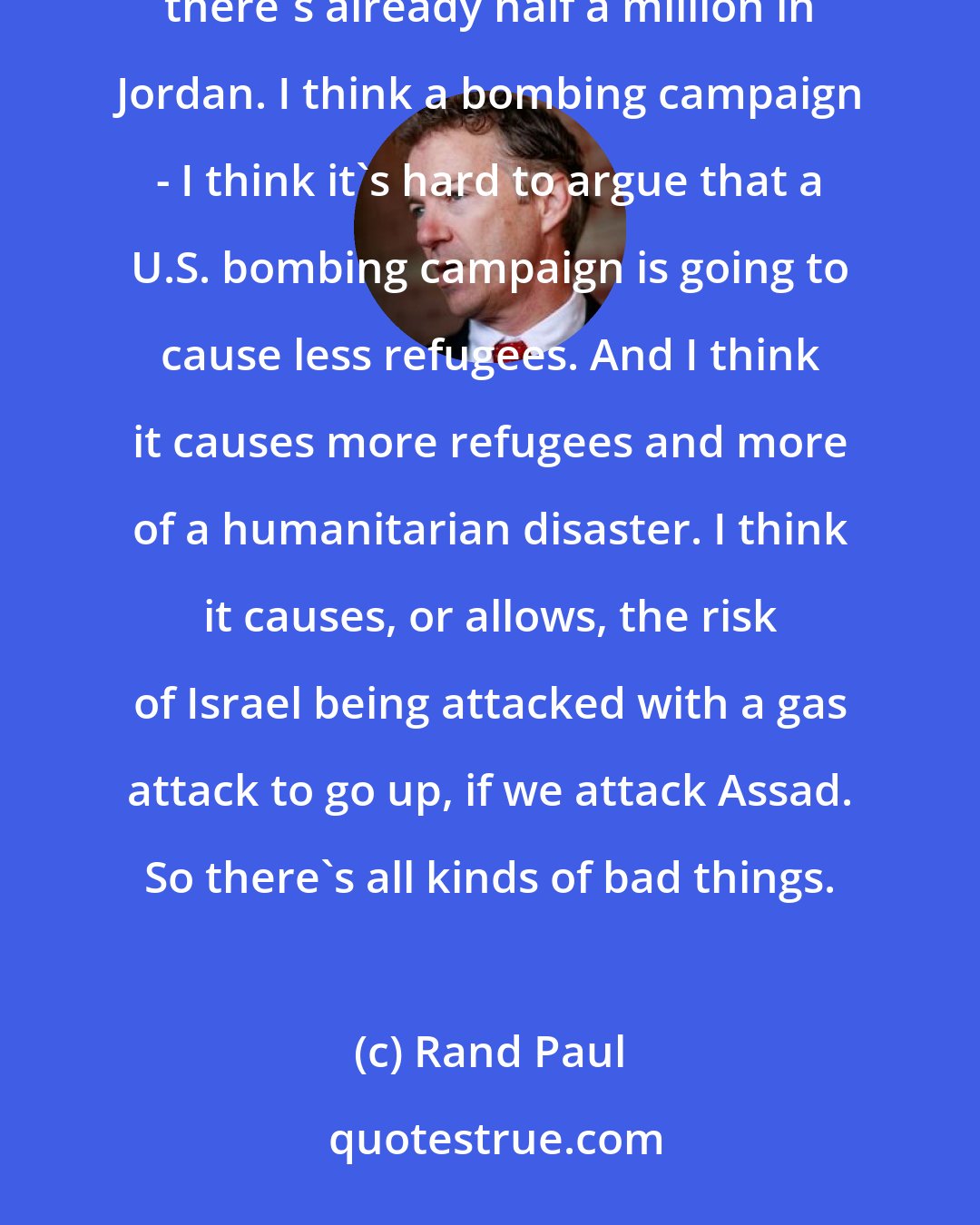 Rand Paul: Every chance at destabilizing [Bashar] Assad... the bombing campaign causes a flood of refugees into Jordan, there's already half a million in Jordan. I think a bombing campaign - I think it's hard to argue that a U.S. bombing campaign is going to cause less refugees. And I think it causes more refugees and more of a humanitarian disaster. I think it causes, or allows, the risk of Israel being attacked with a gas attack to go up, if we attack Assad. So there's all kinds of bad things.