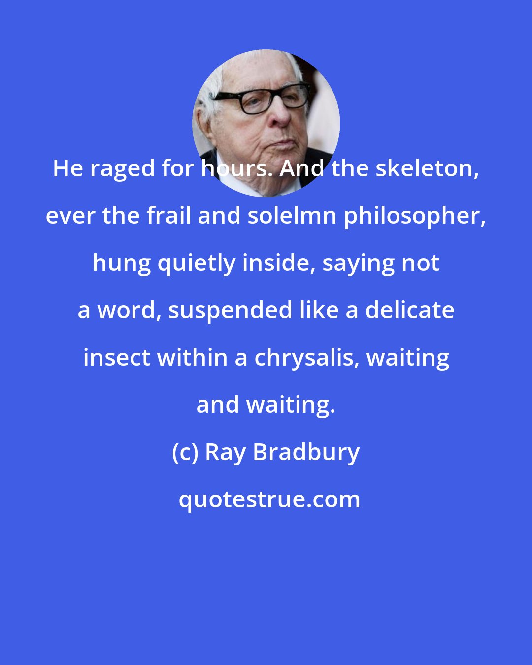 Ray Bradbury: He raged for hours. And the skeleton, ever the frail and solelmn philosopher, hung quietly inside, saying not a word, suspended like a delicate insect within a chrysalis, waiting and waiting.