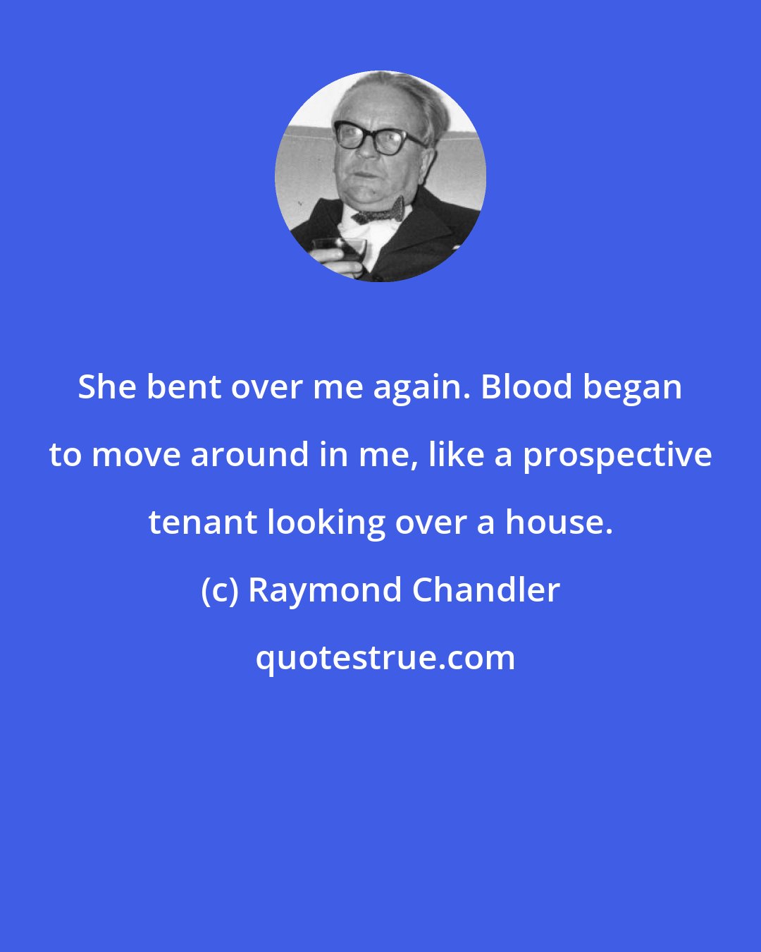 Raymond Chandler: She bent over me again. Blood began to move around in me, like a prospective tenant looking over a house.