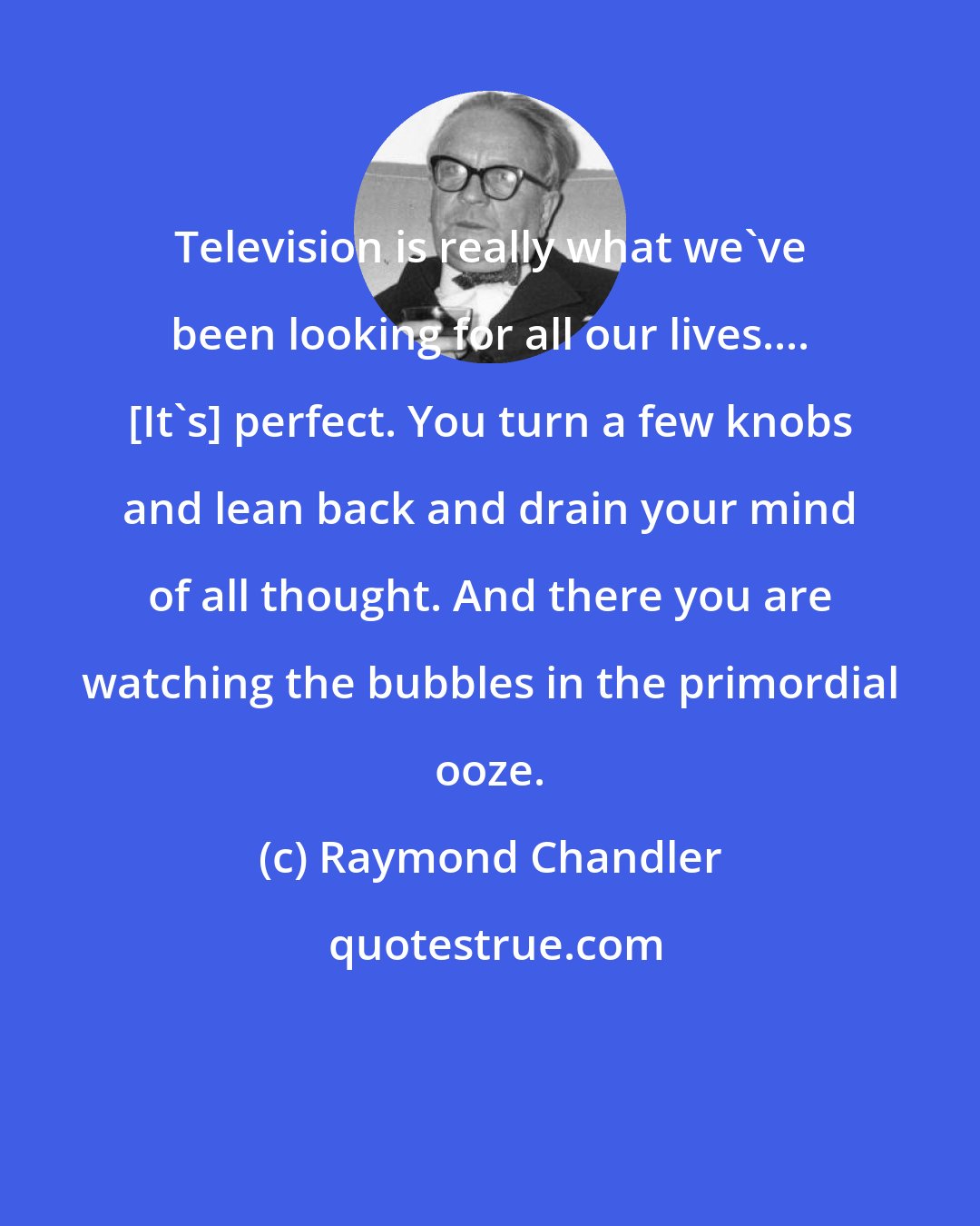 Raymond Chandler: Television is really what we've been looking for all our lives.... [It's] perfect. You turn a few knobs and lean back and drain your mind of all thought. And there you are watching the bubbles in the primordial ooze.