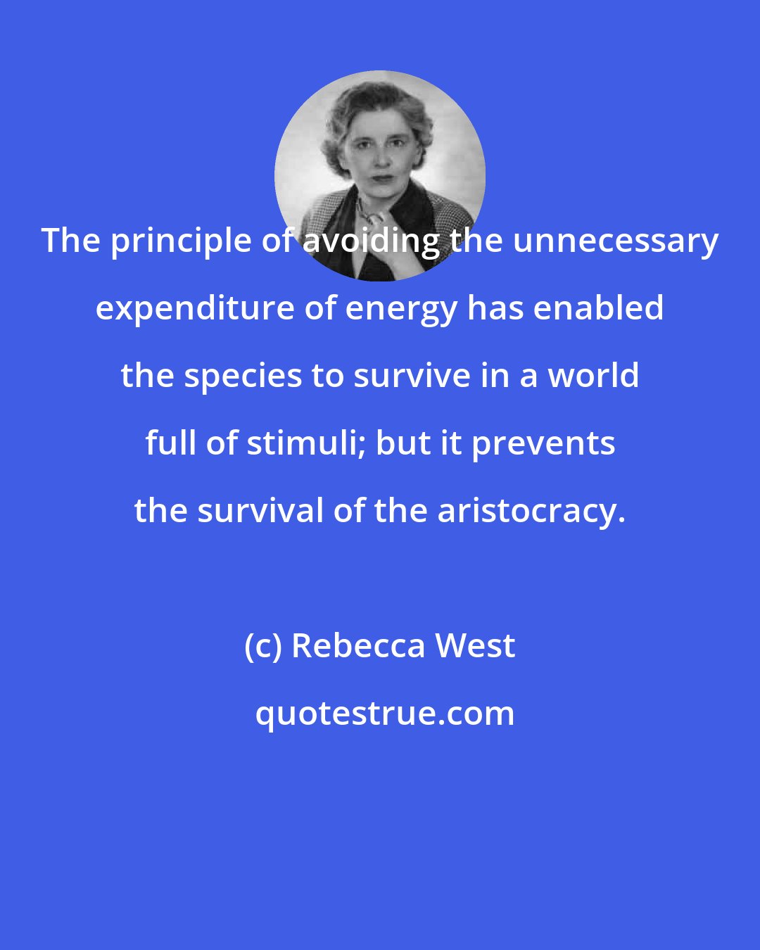 Rebecca West: The principle of avoiding the unnecessary expenditure of energy has enabled the species to survive in a world full of stimuli; but it prevents the survival of the aristocracy.