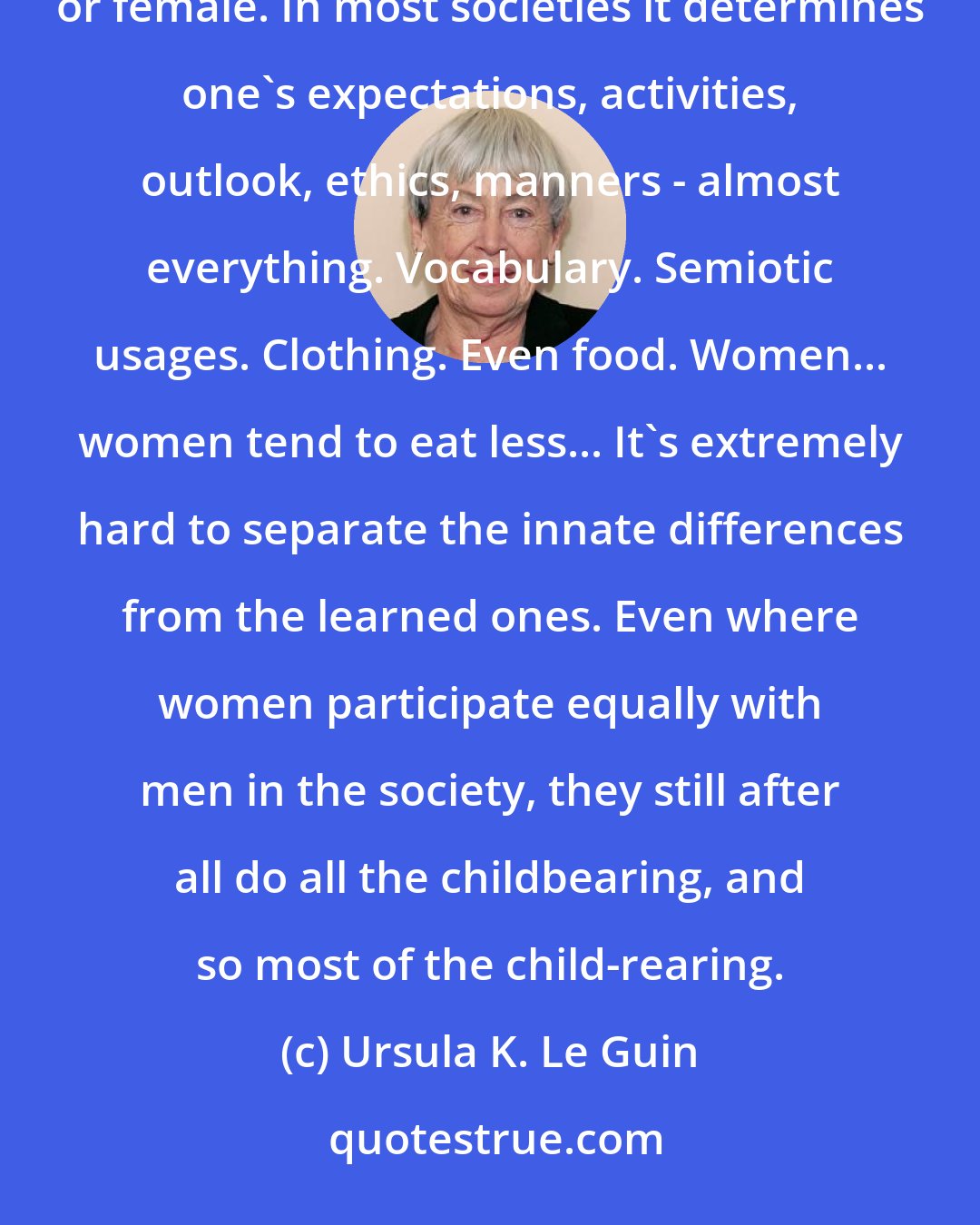 Ursula K. Le Guin: I suppose the most important thing, the heaviest single factor in one's life, is whether one's born male or female. In most societies it determines one's expectations, activities, outlook, ethics, manners - almost everything. Vocabulary. Semiotic usages. Clothing. Even food. Women... women tend to eat less... It's extremely hard to separate the innate differences from the learned ones. Even where women participate equally with men in the society, they still after all do all the childbearing, and so most of the child-rearing.