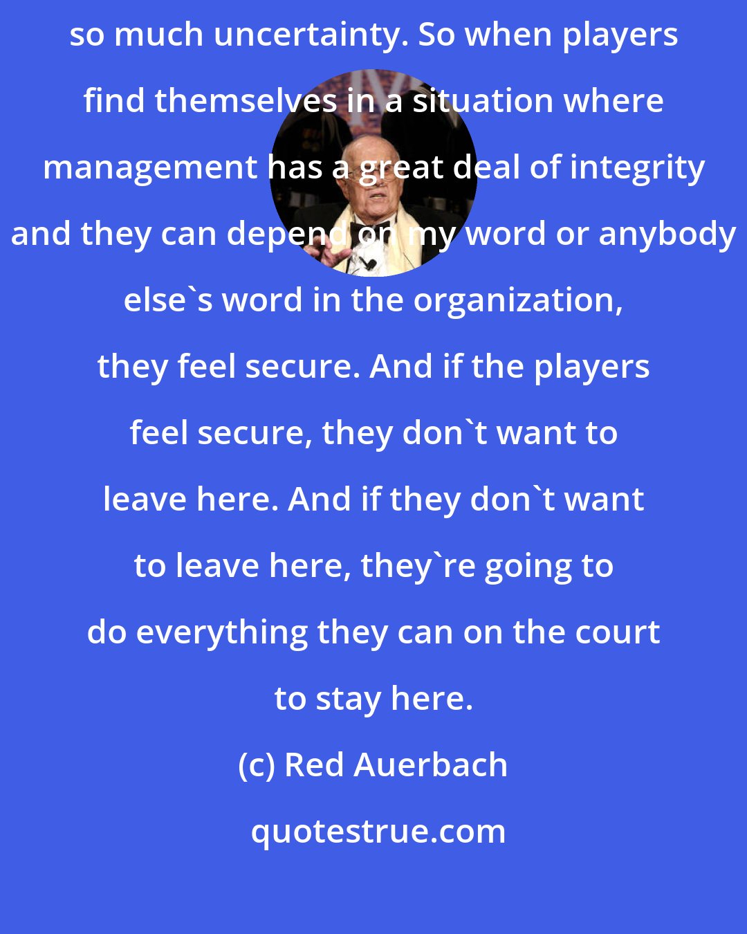 Red Auerbach: You see, in sports you have so many things that aren't expected. There's so much uncertainty. So when players find themselves in a situation where management has a great deal of integrity and they can depend on my word or anybody else's word in the organization, they feel secure. And if the players feel secure, they don't want to leave here. And if they don't want to leave here, they're going to do everything they can on the court to stay here.