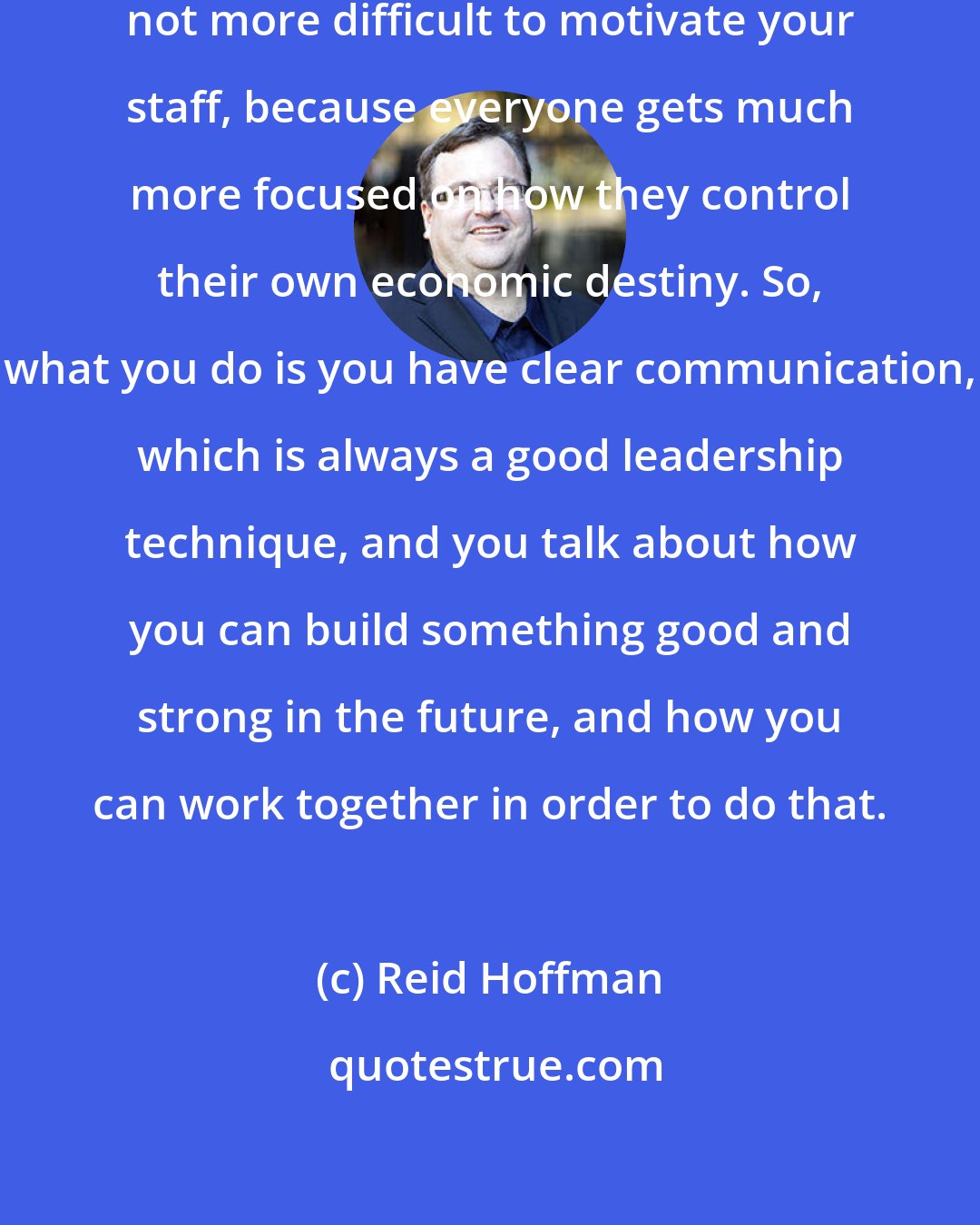 Reid Hoffman: In crisis times, it's actually not more difficult to motivate your staff, because everyone gets much more focused on how they control their own economic destiny. So, what you do is you have clear communication, which is always a good leadership technique, and you talk about how you can build something good and strong in the future, and how you can work together in order to do that.