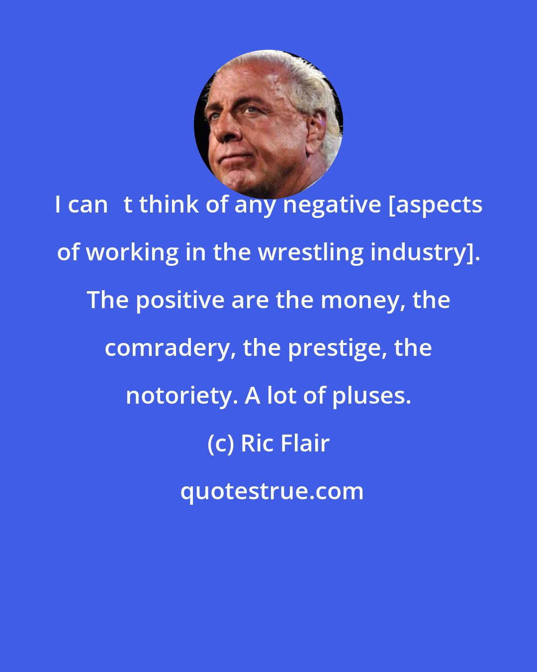 Ric Flair: I cant think of any negative [aspects of working in the wrestling industry]. The positive are the money, the comradery, the prestige, the notoriety. A lot of pluses.
