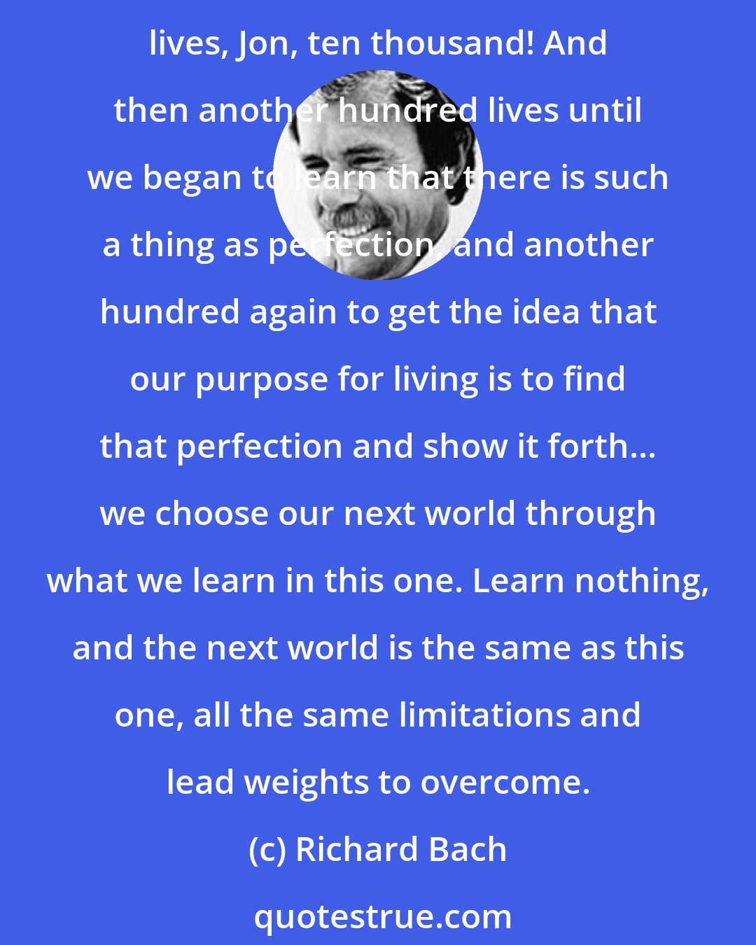 Richard Bach: Do you have any idea how many lives we must have gone through before we even get the first idea that there is more to life than eating, or fighting, or power in the Flock? A thousand lives, Jon, ten thousand! And then another hundred lives until we began to learn that there is such a thing as perfection, and another hundred again to get the idea that our purpose for living is to find that perfection and show it forth... we choose our next world through what we learn in this one. Learn nothing, and the next world is the same as this one, all the same limitations and lead weights to overcome.