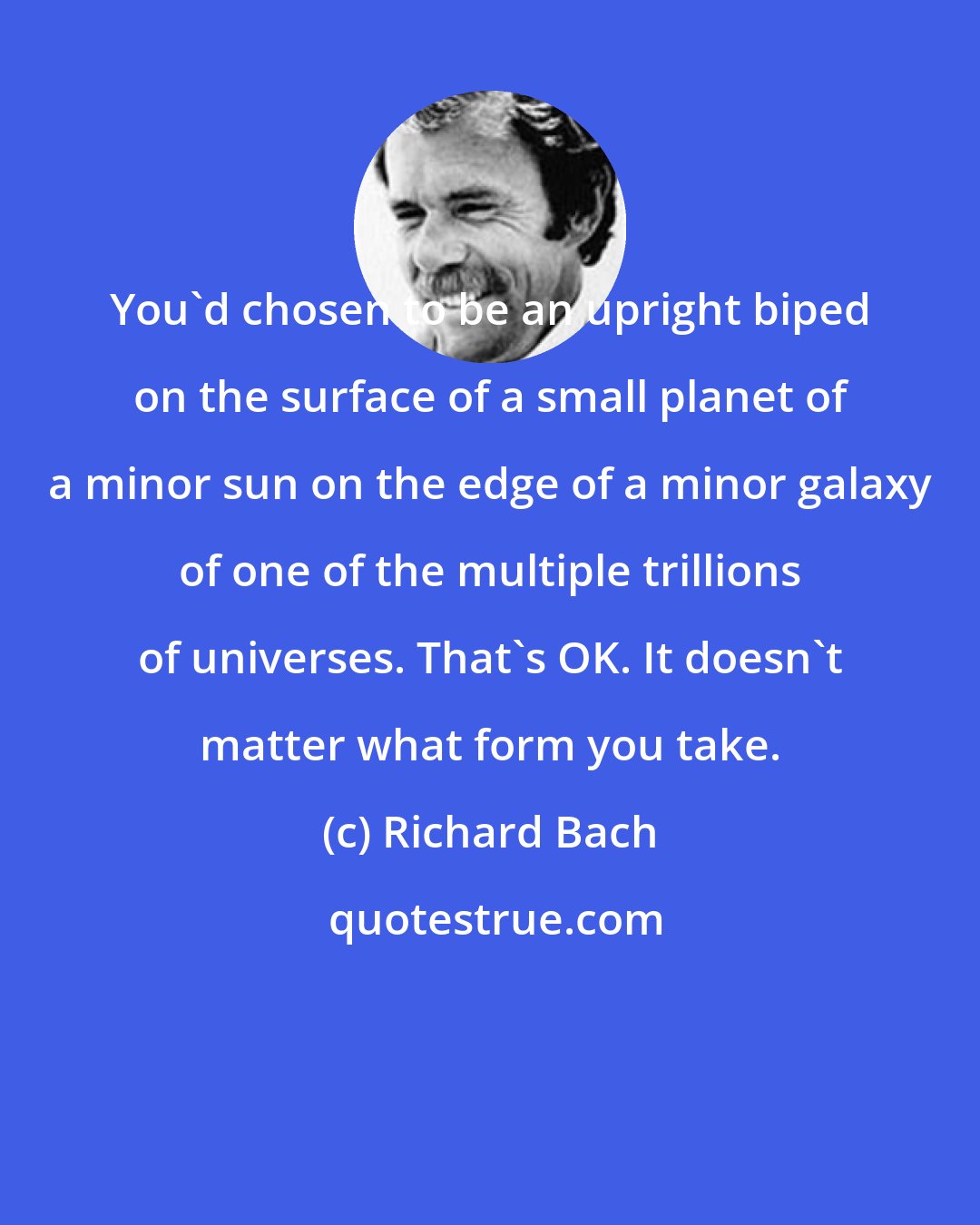 Richard Bach: You'd chosen to be an upright biped on the surface of a small planet of a minor sun on the edge of a minor galaxy of one of the multiple trillions of universes. That's OK. It doesn't matter what form you take.