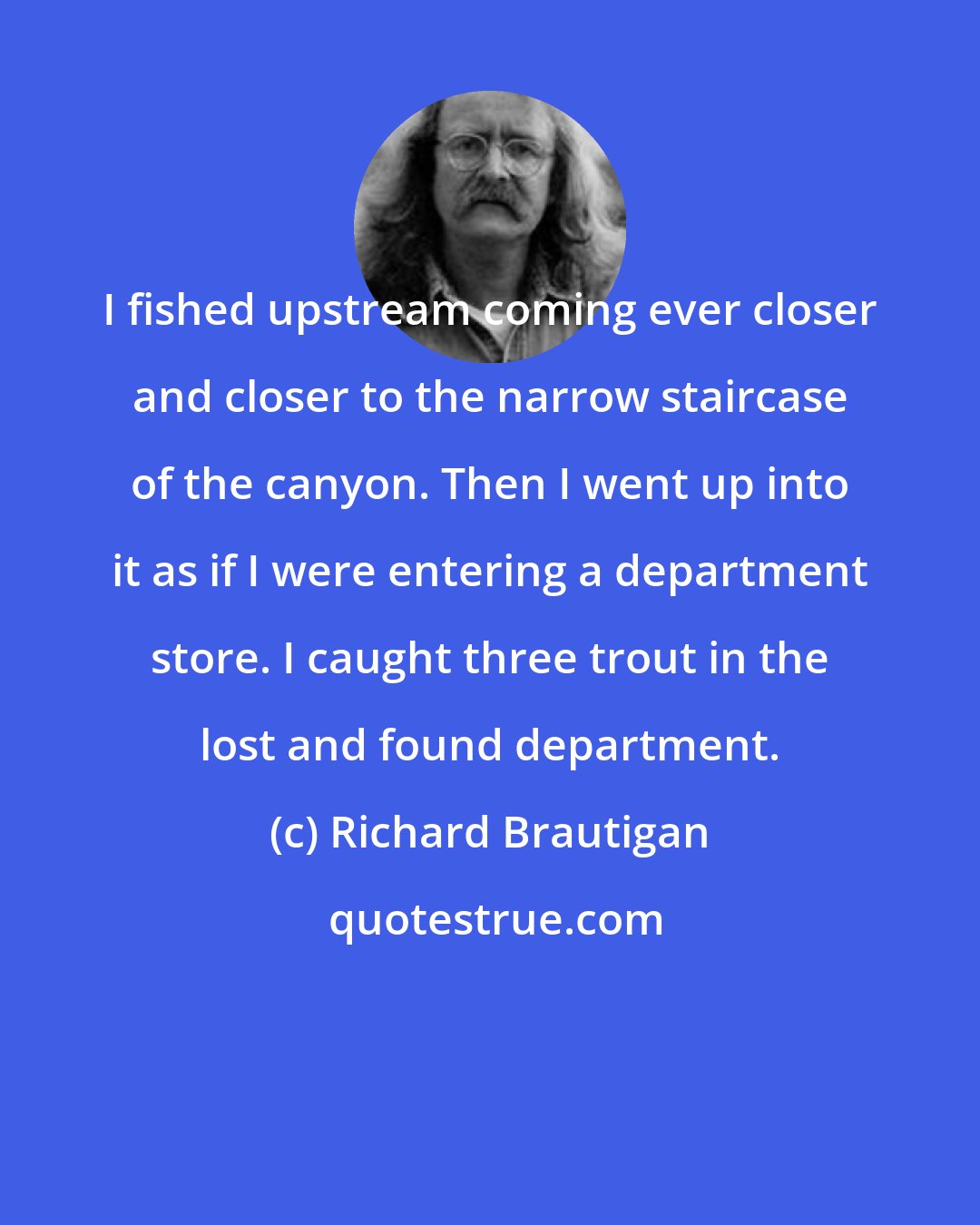 Richard Brautigan: I fished upstream coming ever closer and closer to the narrow staircase of the canyon. Then I went up into it as if I were entering a department store. I caught three trout in the lost and found department.