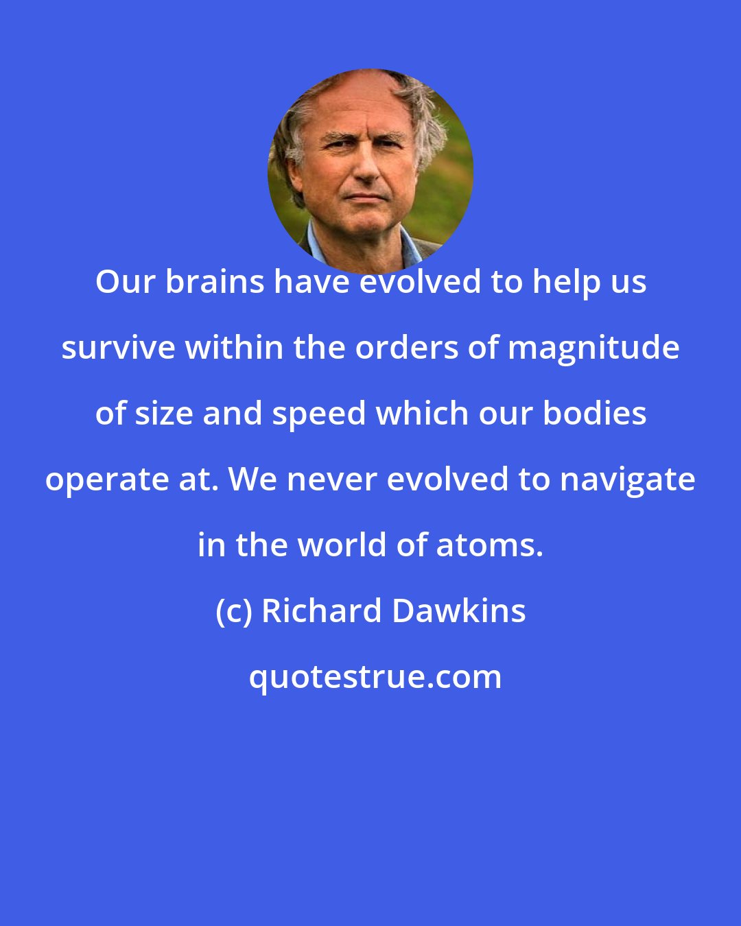 Richard Dawkins: Our brains have evolved to help us survive within the orders of magnitude of size and speed which our bodies operate at. We never evolved to navigate in the world of atoms.