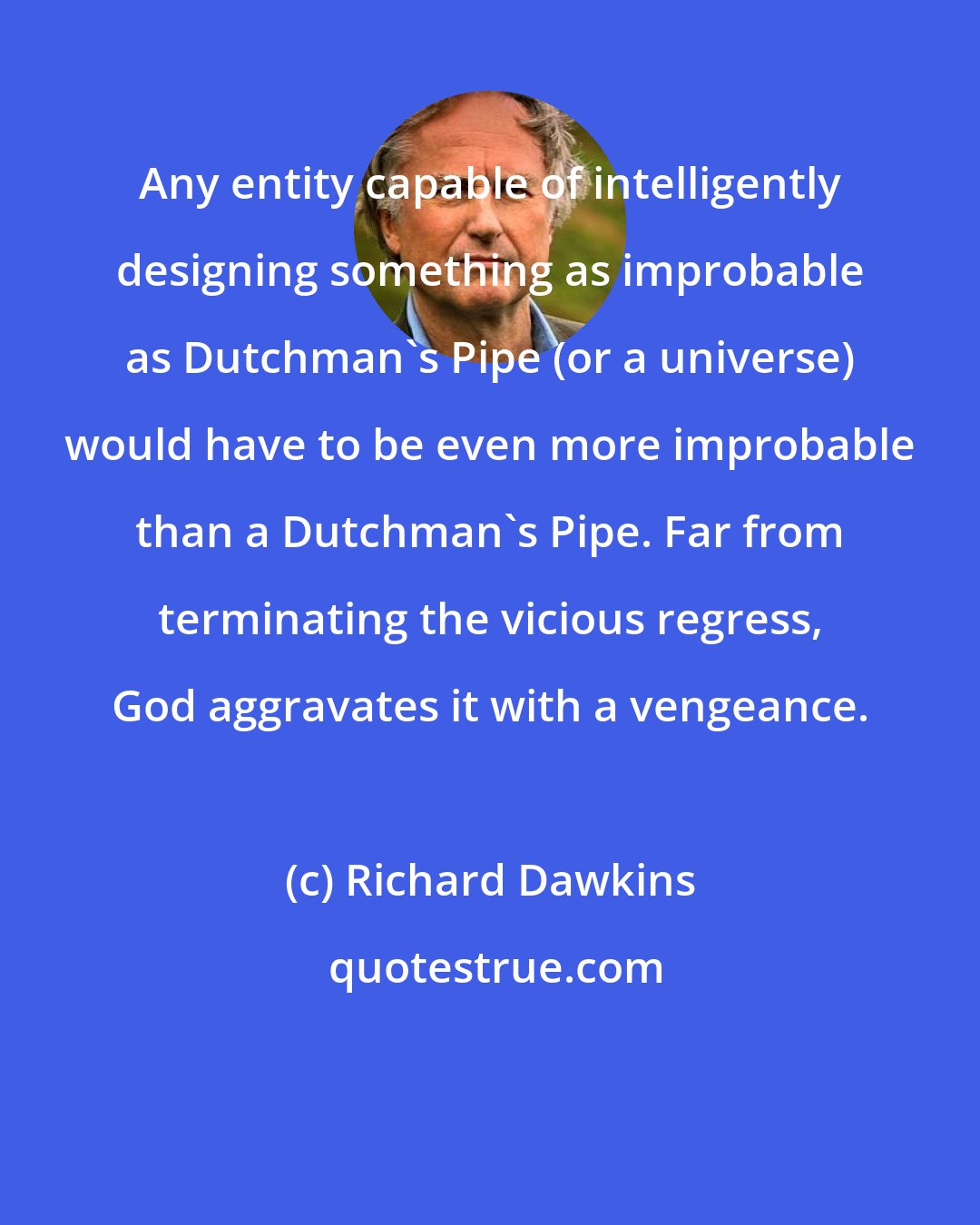 Richard Dawkins: Any entity capable of intelligently designing something as improbable as Dutchman's Pipe (or a universe) would have to be even more improbable than a Dutchman's Pipe. Far from terminating the vicious regress, God aggravates it with a vengeance.