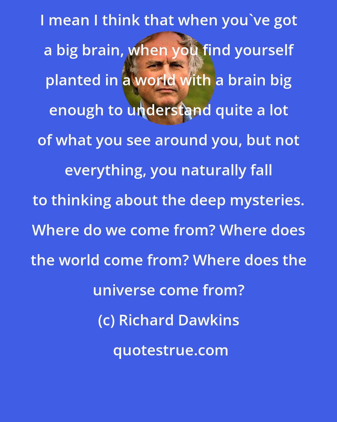 Richard Dawkins: I mean I think that when you've got a big brain, when you find yourself planted in a world with a brain big enough to understand quite a lot of what you see around you, but not everything, you naturally fall to thinking about the deep mysteries. Where do we come from? Where does the world come from? Where does the universe come from?