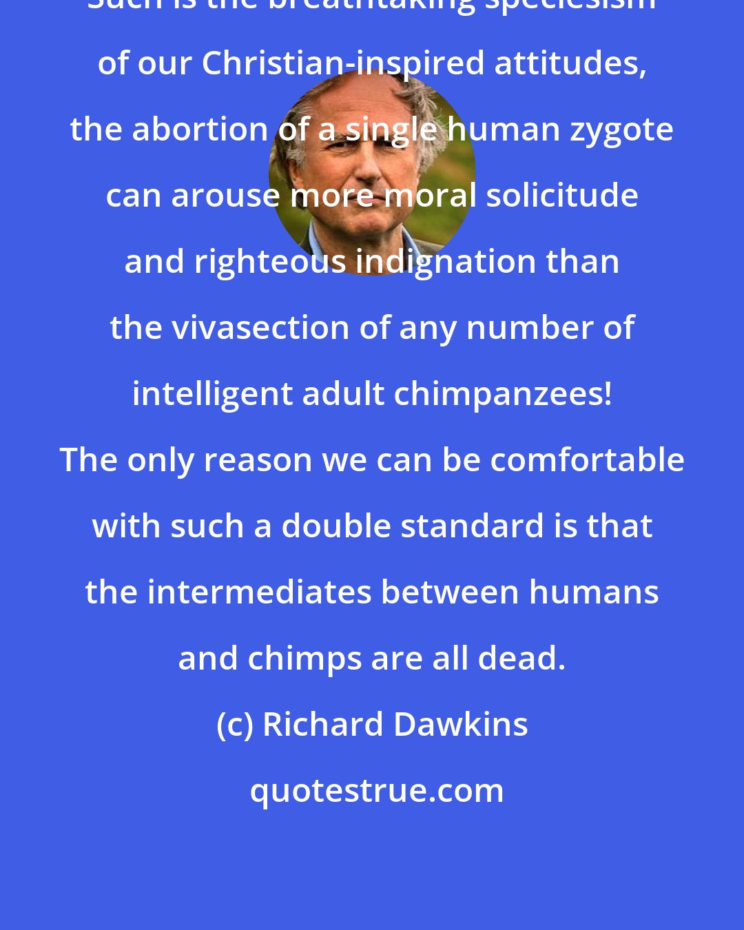 Richard Dawkins: Such is the breathtaking speciesism of our Christian-inspired attitudes, the abortion of a single human zygote can arouse more moral solicitude and righteous indignation than the vivasection of any number of intelligent adult chimpanzees! The only reason we can be comfortable with such a double standard is that the intermediates between humans and chimps are all dead.