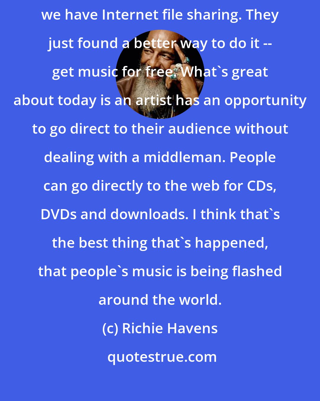 Richie Havens: Nothing has really changed. We had bootleg albums in the '60s and today we have Internet file sharing. They just found a better way to do it -- get music for free. What's great about today is an artist has an opportunity to go direct to their audience without dealing with a middleman. People can go directly to the web for CDs, DVDs and downloads. I think that's the best thing that's happened, that people's music is being flashed around the world.