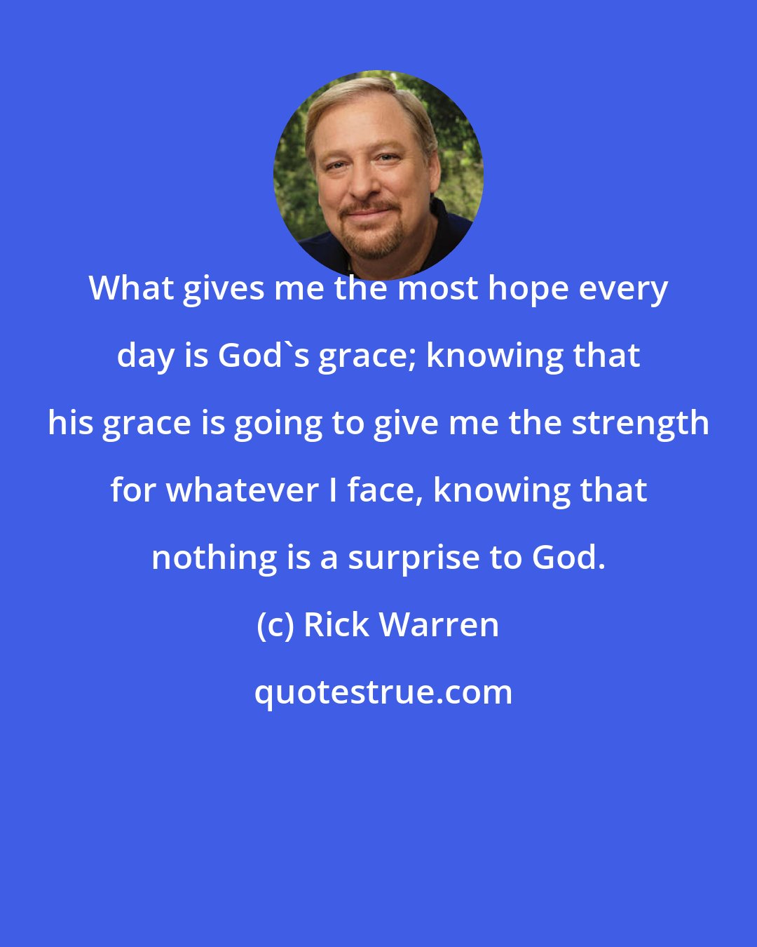 Rick Warren: What gives me the most hope every day is God's grace; knowing that his grace is going to give me the strength for whatever I face, knowing that nothing is a surprise to God.