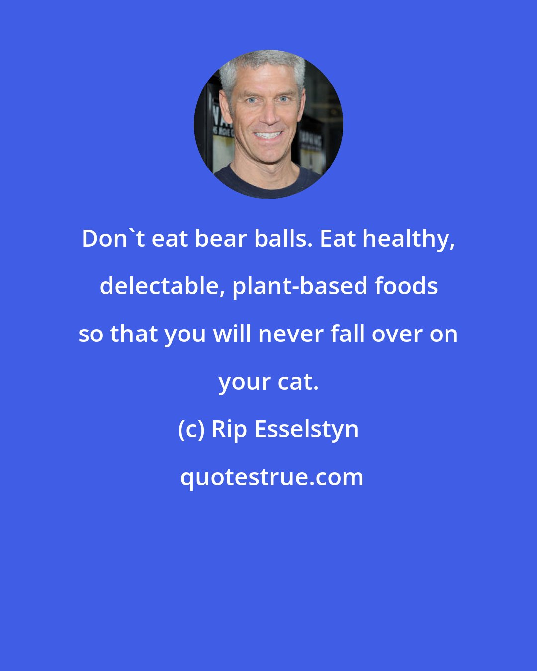 Rip Esselstyn: Don't eat bear balls. Eat healthy, delectable, plant-based foods so that you will never fall over on your cat.