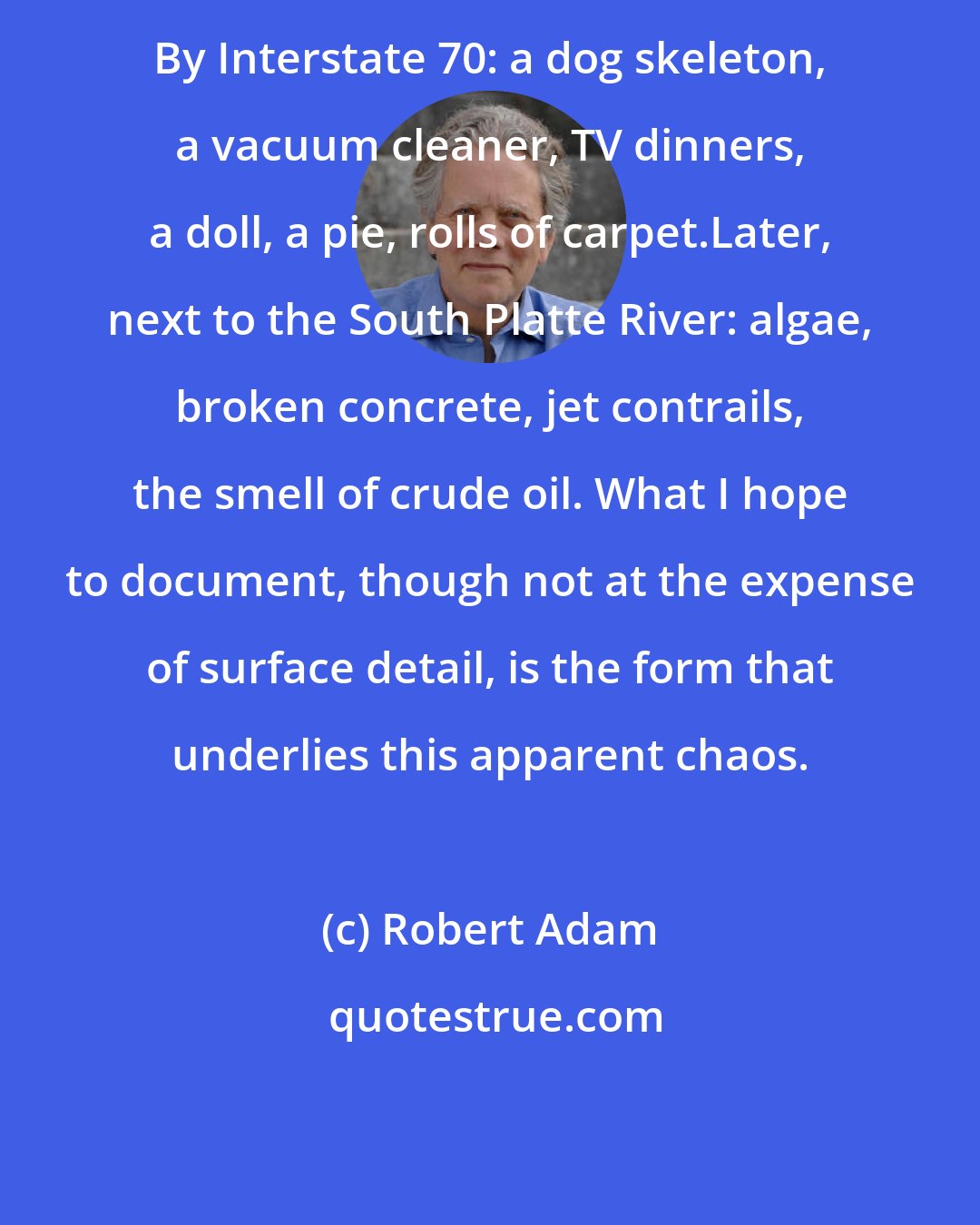 Robert Adam: By Interstate 70: a dog skeleton, a vacuum cleaner, TV dinners, a doll, a pie, rolls of carpet.Later, next to the South Platte River: algae, broken concrete, jet contrails, the smell of crude oil. What I hope to document, though not at the expense of surface detail, is the form that underlies this apparent chaos.