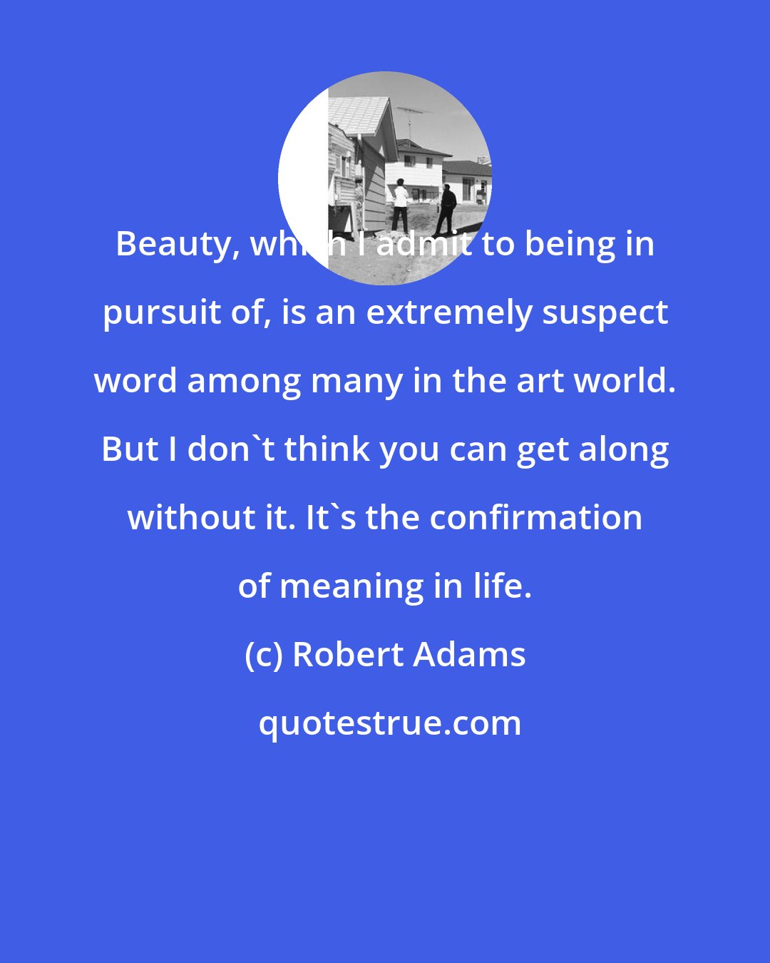 Robert Adams: Beauty, which I admit to being in pursuit of, is an extremely suspect word among many in the art world. But I don't think you can get along without it. It's the confirmation of meaning in life.