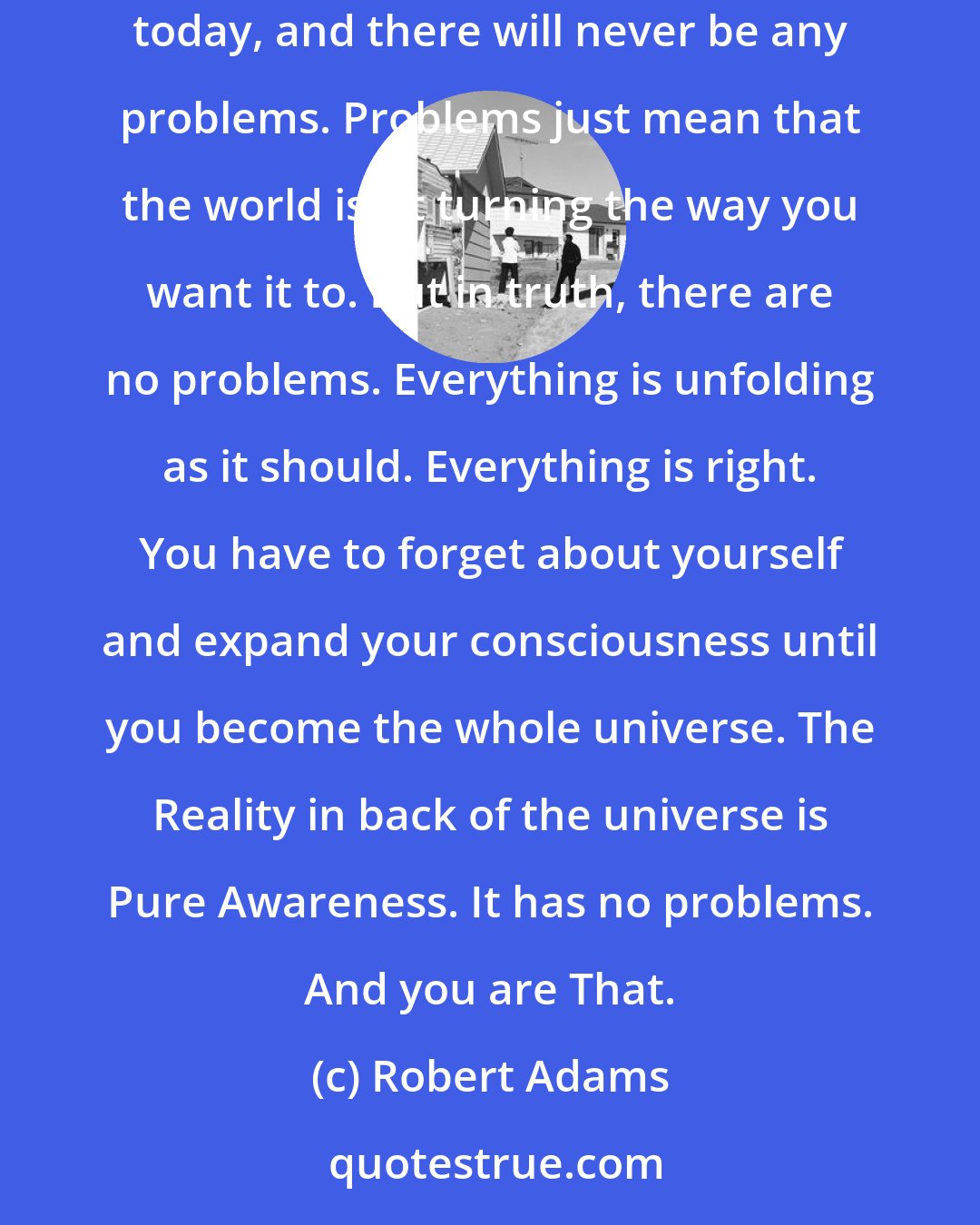 Robert Adams: I want to let you in on a little secret. There are no problems. There are no problems. There never were any problems, there are no problems today, and there will never be any problems. Problems just mean that the world isn't turning the way you want it to. But in truth, there are no problems. Everything is unfolding as it should. Everything is right. You have to forget about yourself and expand your consciousness until you become the whole universe. The Reality in back of the universe is Pure Awareness. It has no problems. And you are That.