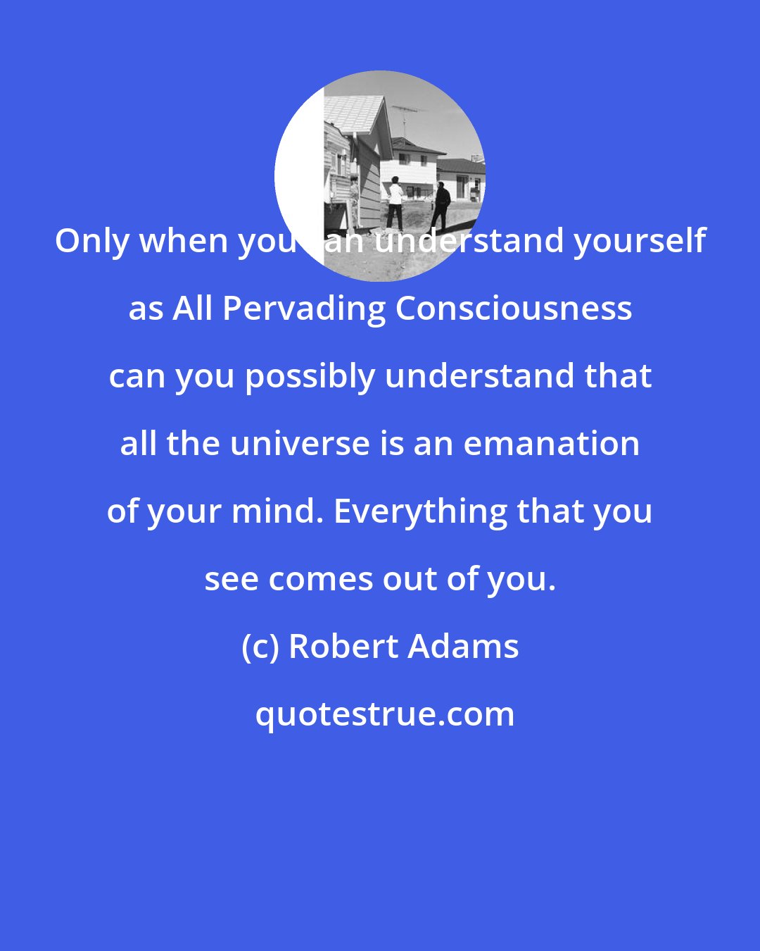 Robert Adams: Only when you can understand yourself as All Pervading Consciousness can you possibly understand that all the universe is an emanation of your mind. Everything that you see comes out of you.