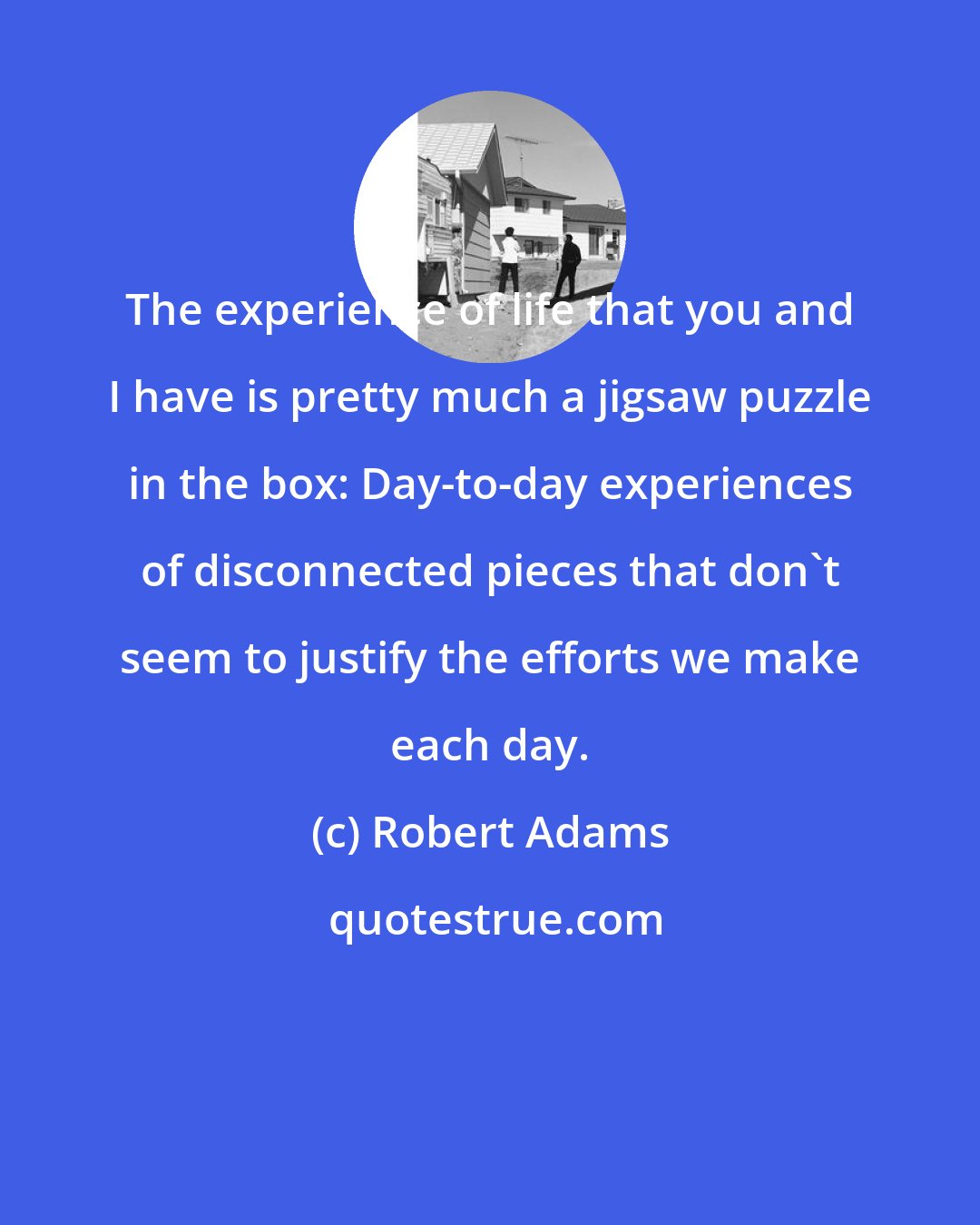 Robert Adams: The experience of life that you and I have is pretty much a jigsaw puzzle in the box: Day-to-day experiences of disconnected pieces that don't seem to justify the efforts we make each day.