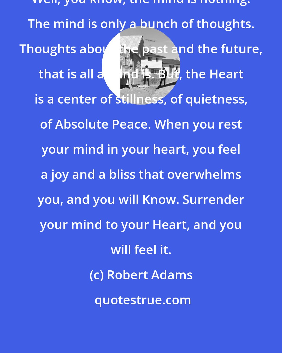 Robert Adams: Well, you know, the mind is nothing. The mind is only a bunch of thoughts. Thoughts about the past and the future, that is all a mind is. But, the Heart is a center of stillness, of quietness, of Absolute Peace. When you rest your mind in your heart, you feel a joy and a bliss that overwhelms you, and you will Know. Surrender your mind to your Heart, and you will feel it.