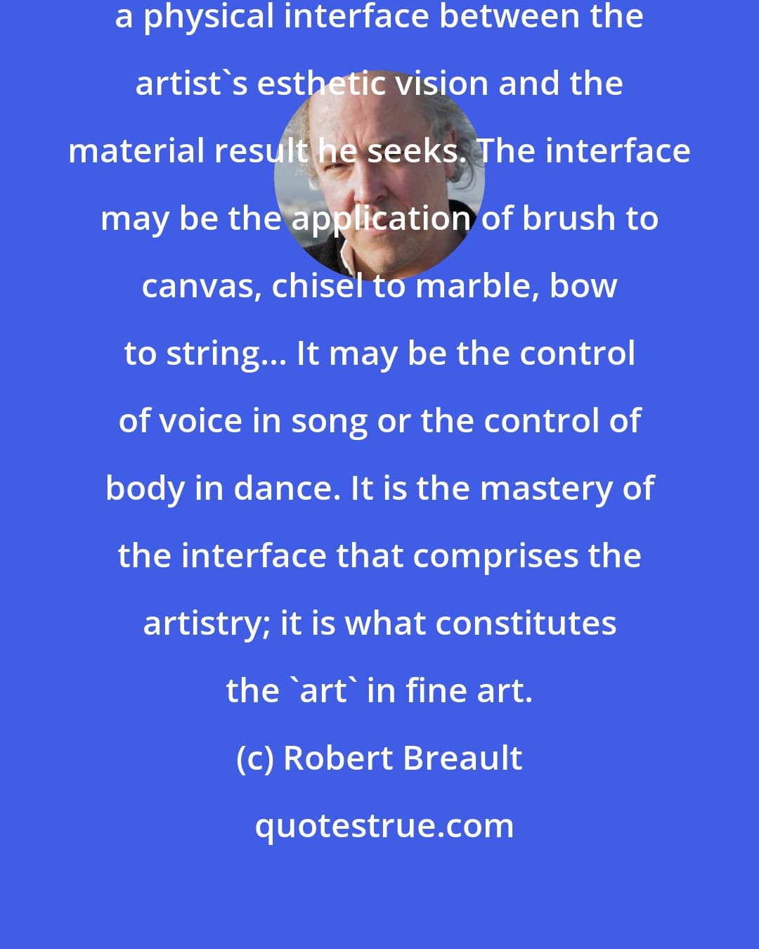 Robert Breault: There is always, in the fine arts, a physical interface between the artist's esthetic vision and the material result he seeks. The interface may be the application of brush to canvas, chisel to marble, bow to string... It may be the control of voice in song or the control of body in dance. It is the mastery of the interface that comprises the artistry; it is what constitutes the 'art' in fine art.