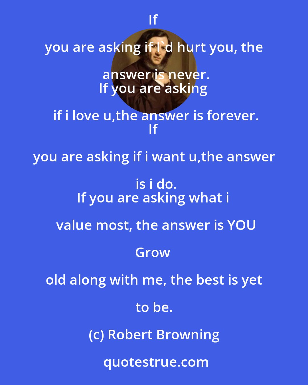 Robert Browning: The best things in life can never be kept;
They must be given away.
A Smile, a Kiss, and Love

If you are asking if I'd hurt you, the answer is never.
If you are asking if i love u,the answer is forever.
If you are asking if i want u,the answer is i do.
If you are asking what i value most, the answer is YOU

Grow old along with me, the best is yet to be.