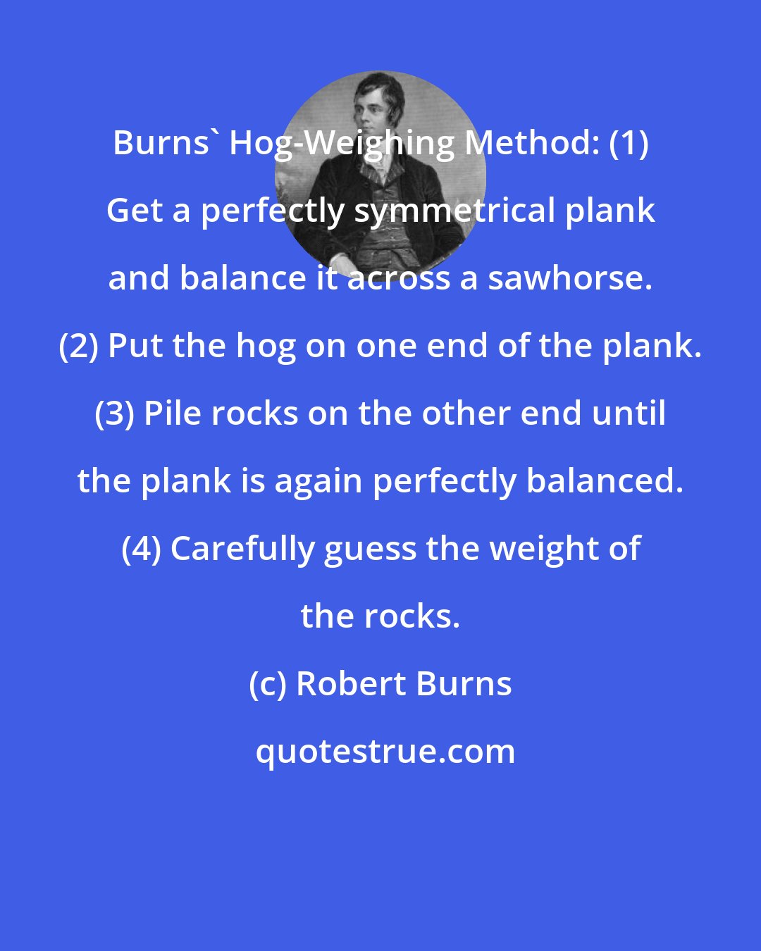 Robert Burns: Burns' Hog-Weighing Method: (1) Get a perfectly symmetrical plank and balance it across a sawhorse. (2) Put the hog on one end of the plank. (3) Pile rocks on the other end until the plank is again perfectly balanced. (4) Carefully guess the weight of the rocks.