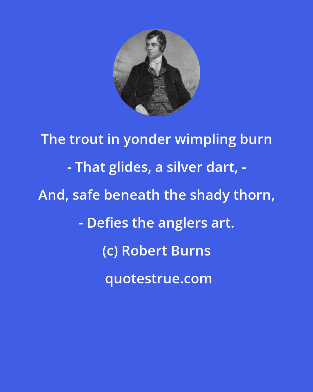 Robert Burns: The trout in yonder wimpling burn - That glides, a silver dart, - And, safe beneath the shady thorn, - Defies the anglers art.