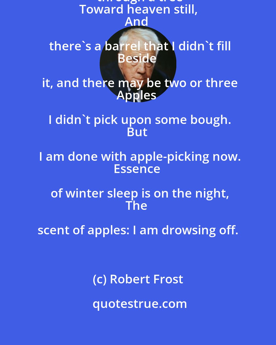 Robert Frost: My long two-pointed ladder's sticking through a tree
Toward heaven still,
And there's a barrel that I didn't fill
Beside it, and there may be two or three
Apples I didn't pick upon some bough.
But I am done with apple-picking now.
Essence of winter sleep is on the night,
The scent of apples: I am drowsing off.