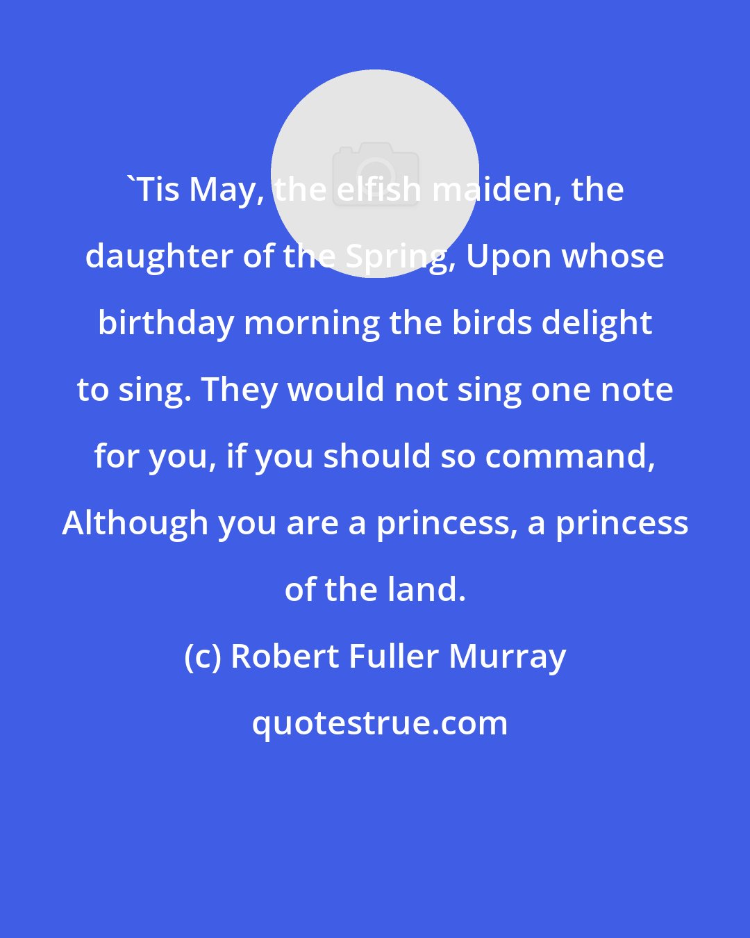 Robert Fuller Murray: `Tis May, the elfish maiden, the daughter of the Spring, Upon whose birthday morning the birds delight to sing. They would not sing one note for you, if you should so command, Although you are a princess, a princess of the land.