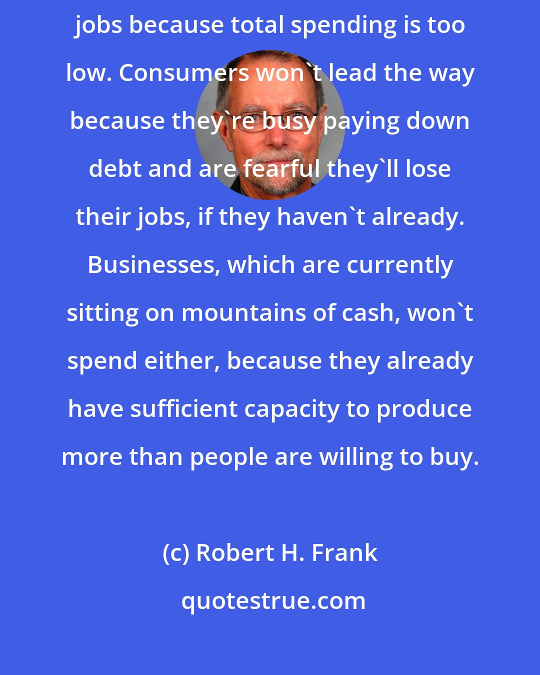 Robert H. Frank: We're in a classic demand-shortfall recession. There aren't enough jobs because total spending is too low. Consumers won't lead the way because they're busy paying down debt and are fearful they'll lose their jobs, if they haven't already. Businesses, which are currently sitting on mountains of cash, won't spend either, because they already have sufficient capacity to produce more than people are willing to buy.