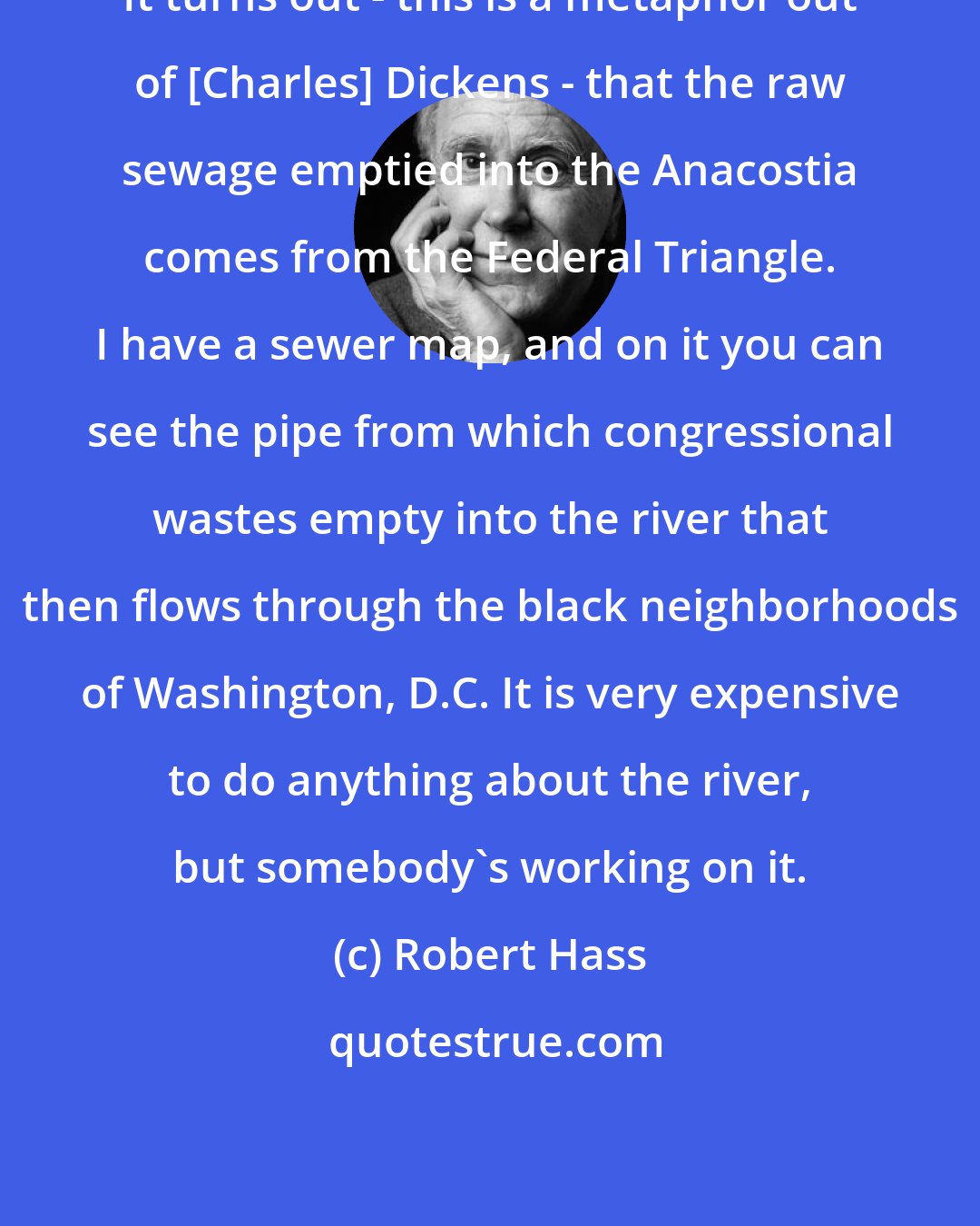 Robert Hass: It turns out - this is a metaphor out of [Charles] Dickens - that the raw sewage emptied into the Anacostia comes from the Federal Triangle. I have a sewer map, and on it you can see the pipe from which congressional wastes empty into the river that then flows through the black neighborhoods of Washington, D.C. It is very expensive to do anything about the river, but somebody's working on it.