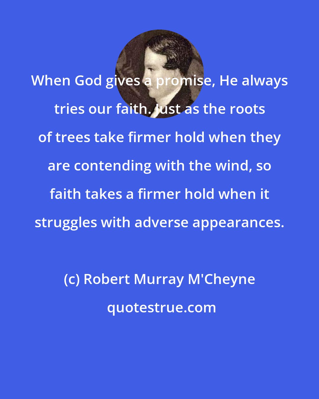 Robert Murray M'Cheyne: When God gives a promise, He always tries our faith. Just as the roots of trees take firmer hold when they are contending with the wind, so faith takes a firmer hold when it struggles with adverse appearances.