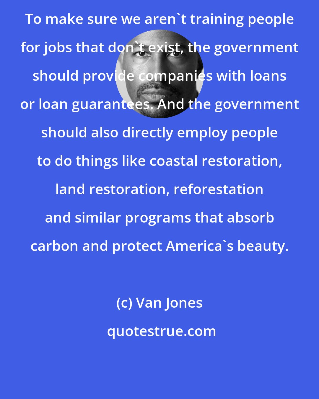 Van Jones: To make sure we aren't training people for jobs that don't exist, the government should provide companies with loans or loan guarantees. And the government should also directly employ people to do things like coastal restoration, land restoration, reforestation and similar programs that absorb carbon and protect America's beauty.