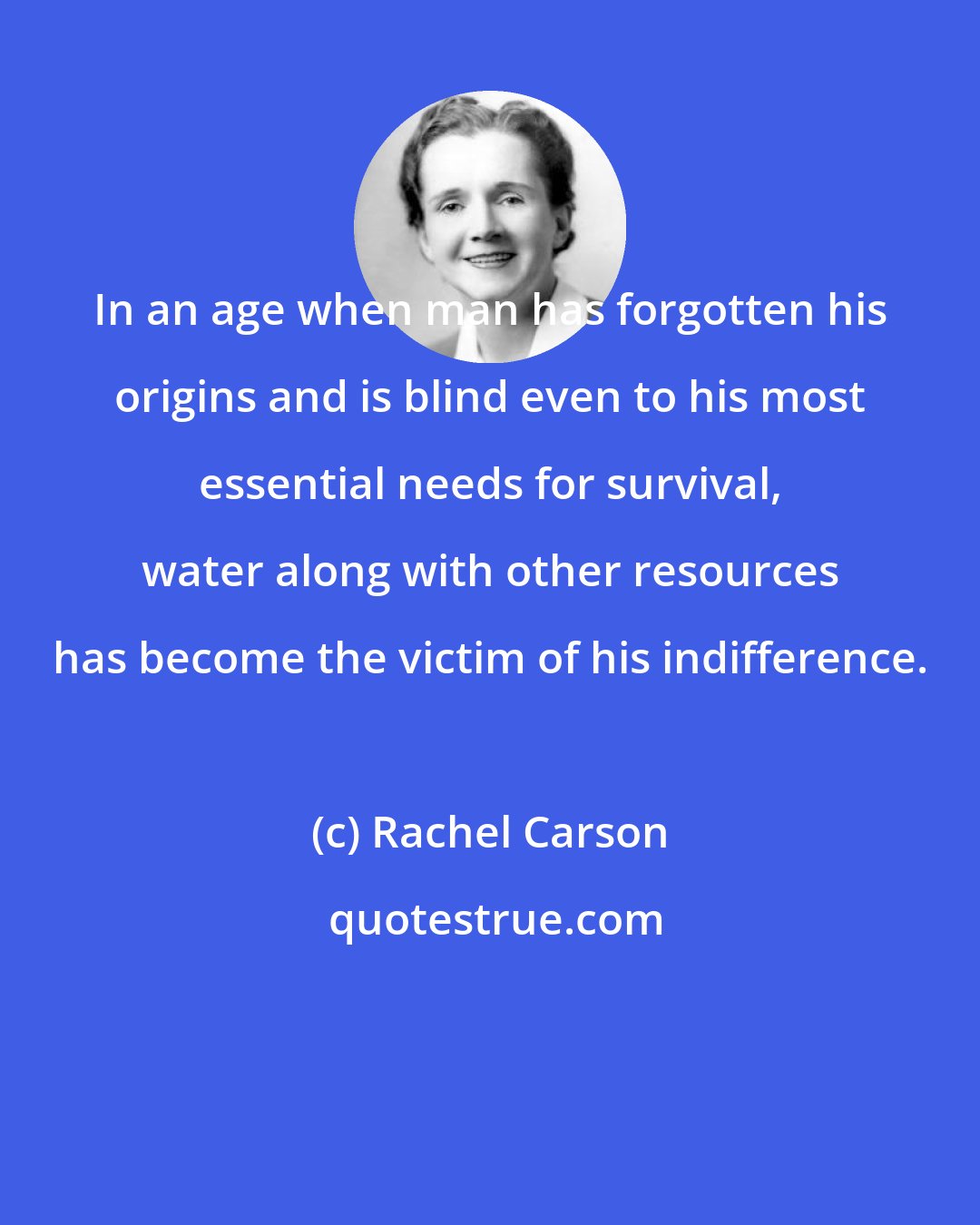Rachel Carson: In an age when man has forgotten his origins and is blind even to his most essential needs for survival, water along with other resources has become the victim of his indifference.