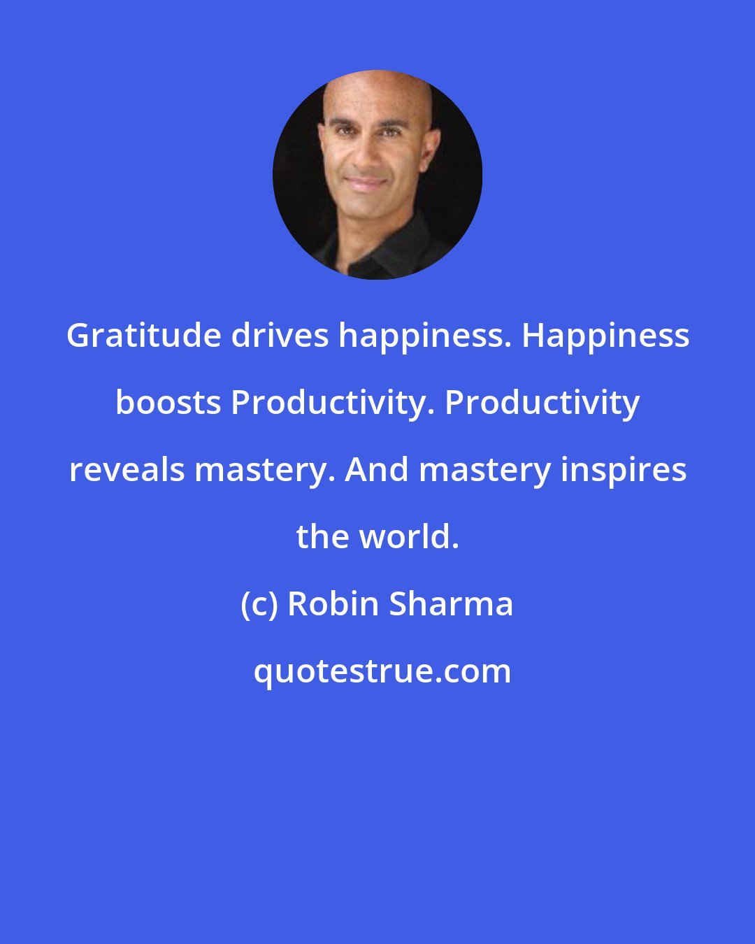 Robin Sharma: Gratitude drives happiness. Happiness boosts Productivity. Productivity reveals mastery. And mastery inspires the world.