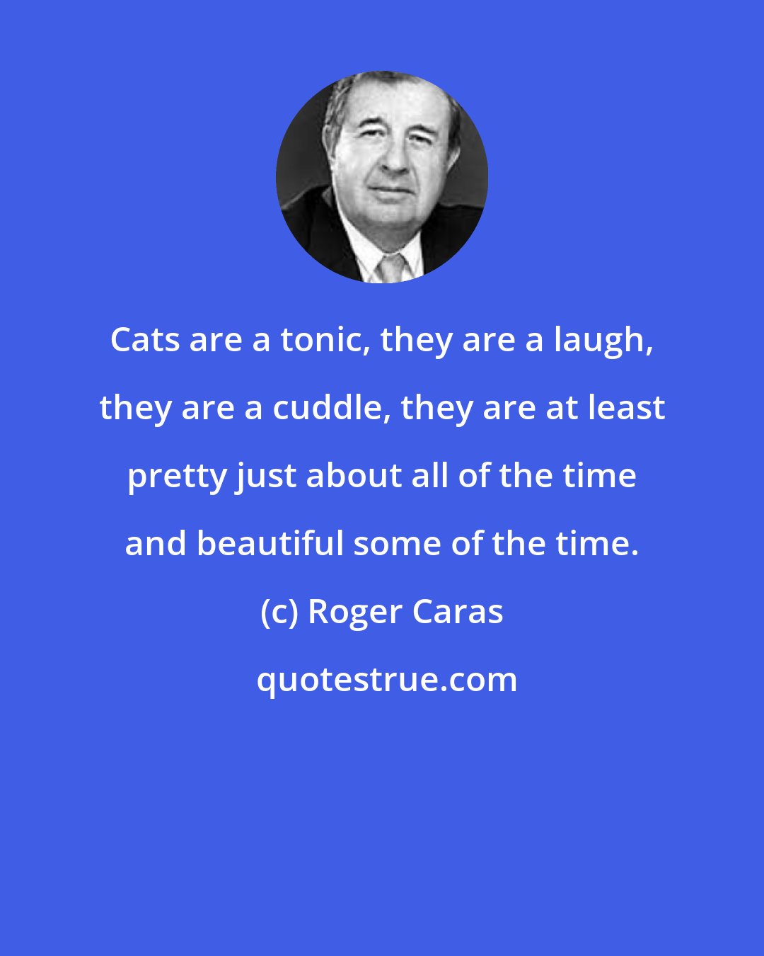 Roger Caras: Cats are a tonic, they are a laugh, they are a cuddle, they are at least pretty just about all of the time and beautiful some of the time.