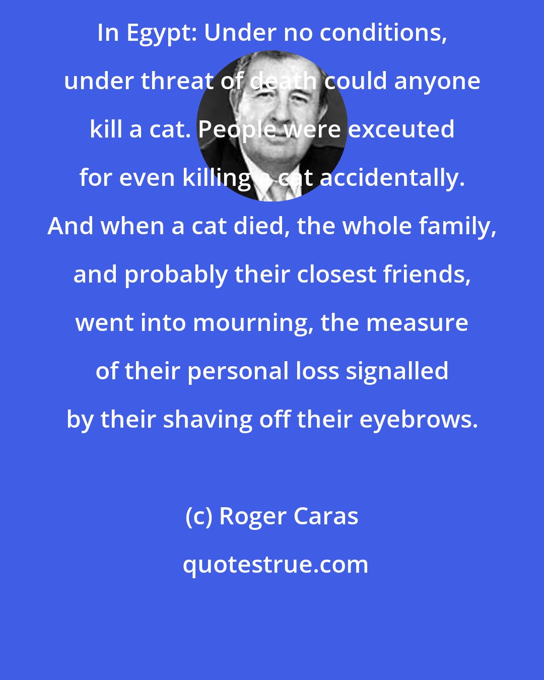 Roger Caras: In Egypt: Under no conditions, under threat of death could anyone kill a cat. People were exceuted for even killing a cat accidentally. And when a cat died, the whole family, and probably their closest friends, went into mourning, the measure of their personal loss signalled by their shaving off their eyebrows.