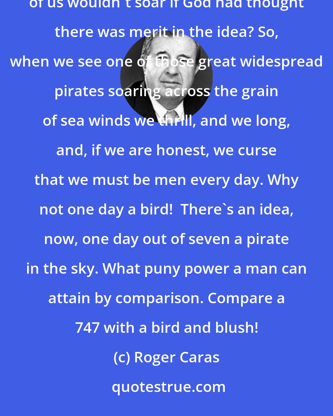 Roger Caras: We are all pirates at heart. There is not one of us who hasn't had a little larceny in his soul. And which one of us wouldn't soar if God had thought there was merit in the idea? So, when we see one of those great widespread pirates soaring across the grain of sea winds we thrill, and we long, and, if we are honest, we curse that we must be men every day. Why not one day a bird!  There's an idea, now, one day out of seven a pirate in the sky. What puny power a man can attain by comparison. Compare a 747 with a bird and blush!