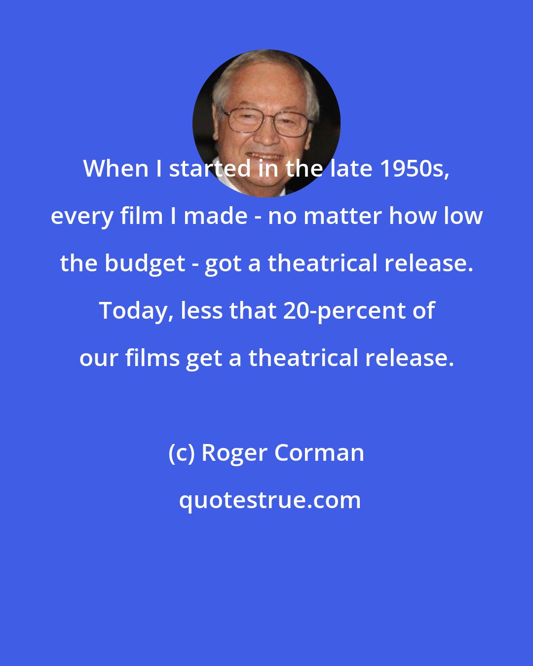 Roger Corman: When I started in the late 1950s, every film I made - no matter how low the budget - got a theatrical release. Today, less that 20-percent of our films get a theatrical release.