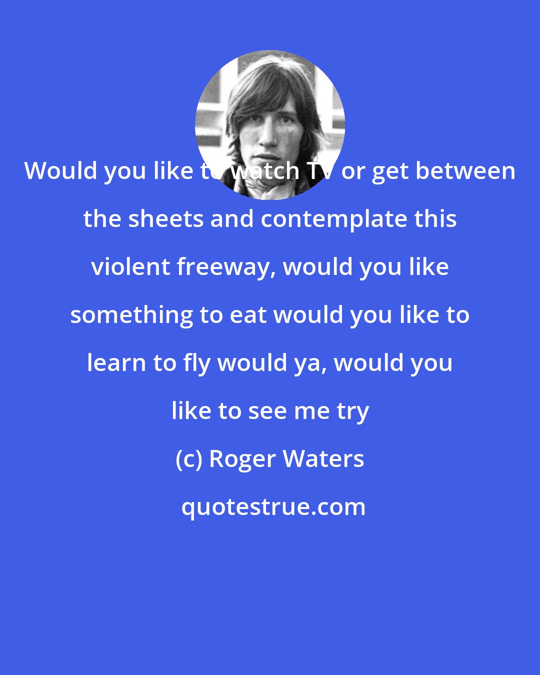 Roger Waters: Would you like to watch TV or get between the sheets and contemplate this violent freeway, would you like something to eat would you like to learn to fly would ya, would you like to see me try