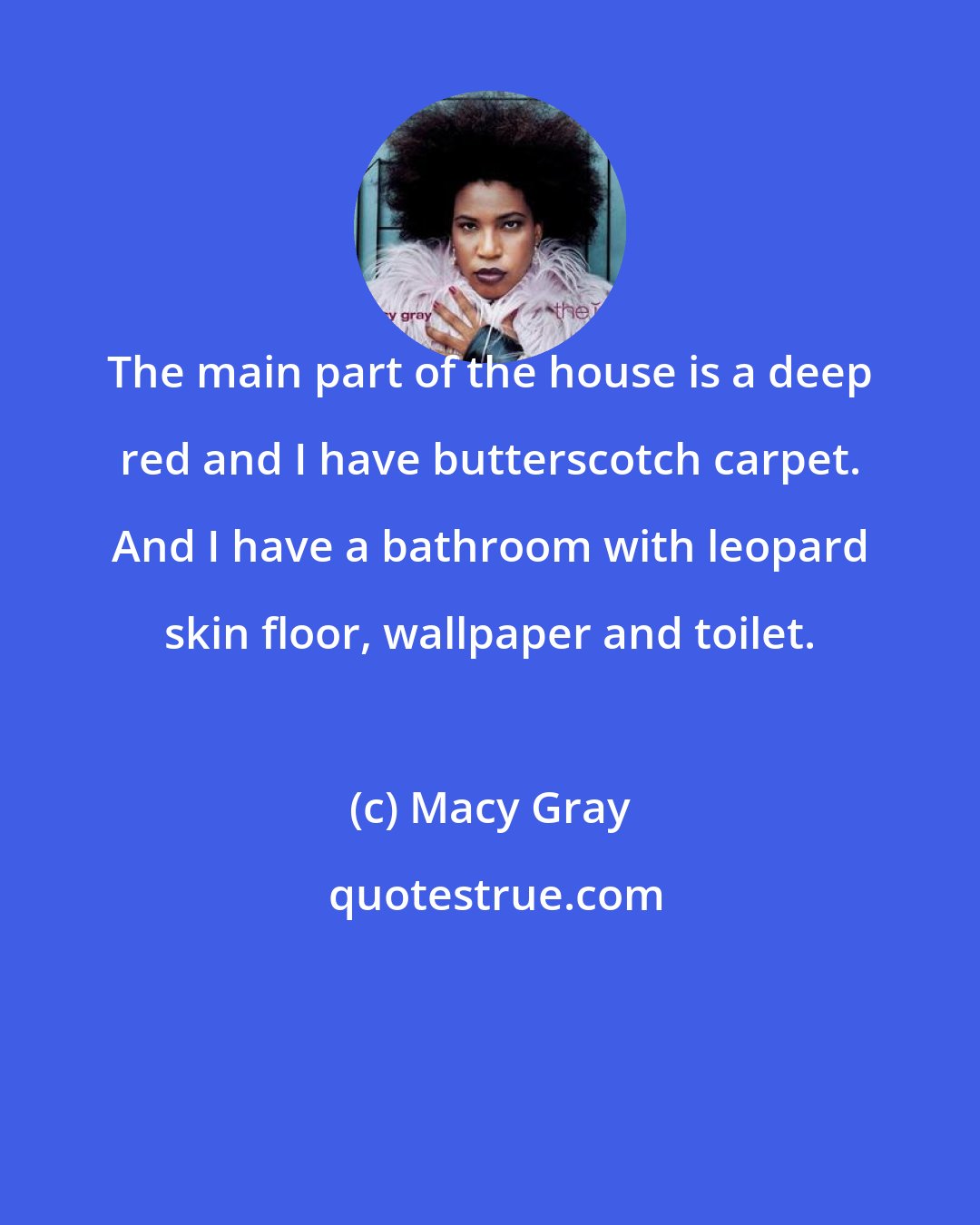 Macy Gray: The main part of the house is a deep red and I have butterscotch carpet. And I have a bathroom with leopard skin floor, wallpaper and toilet.