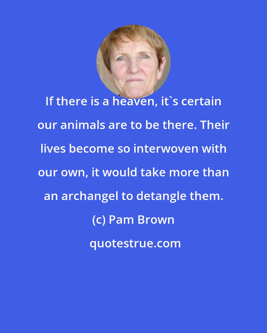 Pam Brown: If there is a heaven, it's certain our animals are to be there. Their lives become so interwoven with our own, it would take more than an archangel to detangle them.