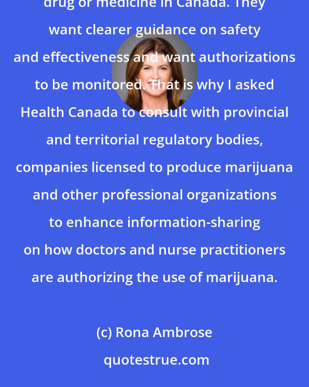 Rona Ambrose: I continue to hear concerns from health professional organizations that dried marijuana is not an approved drug or medicine in Canada. They want clearer guidance on safety and effectiveness and want authorizations to be monitored. That is why I asked Health Canada to consult with provincial and territorial regulatory bodies, companies licensed to produce marijuana and other professional organizations to enhance information-sharing on how doctors and nurse practitioners are authorizing the use of marijuana.
