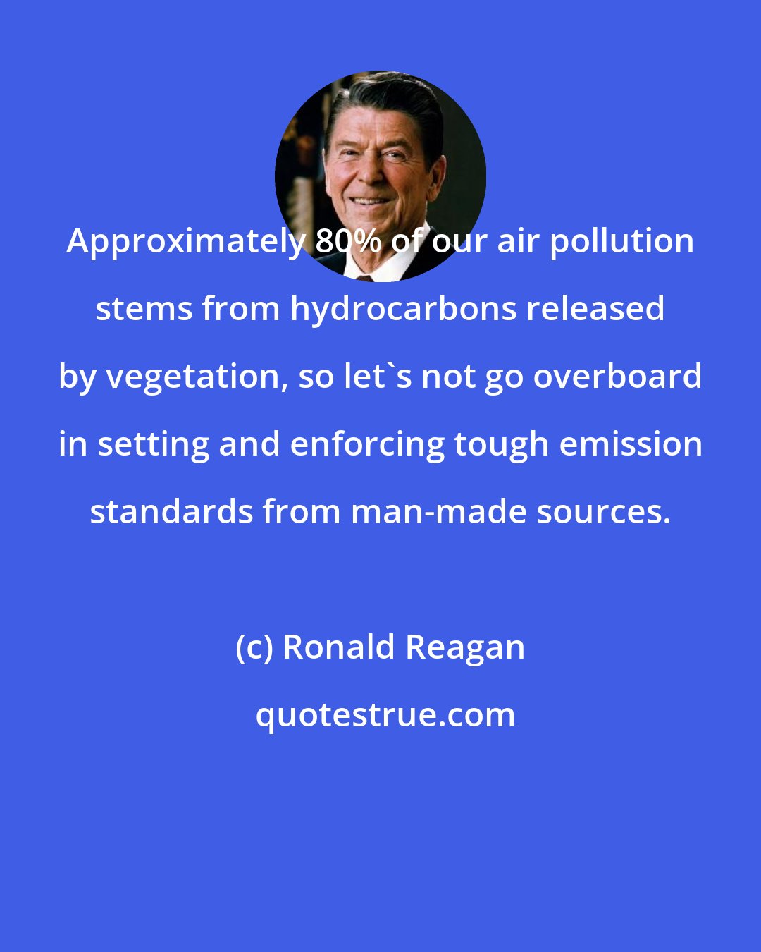 Ronald Reagan: Approximately 80% of our air pollution stems from hydrocarbons released by vegetation, so let's not go overboard in setting and enforcing tough emission standards from man-made sources.