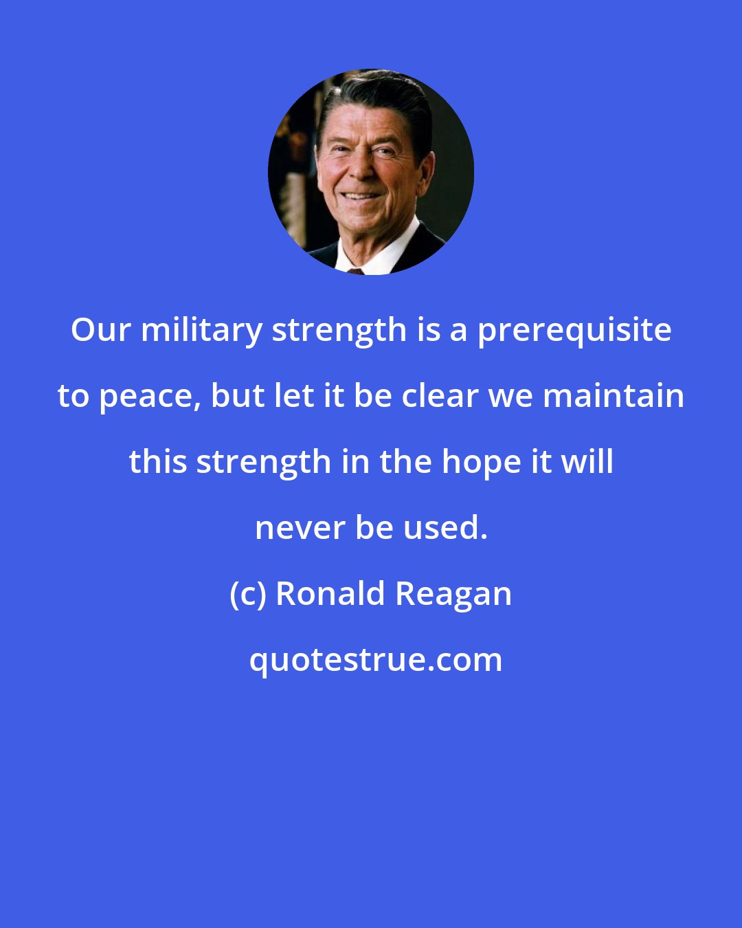 Ronald Reagan: Our military strength is a prerequisite to peace, but let it be clear we maintain this strength in the hope it will never be used.