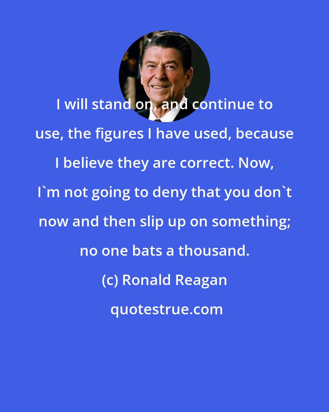 Ronald Reagan: I will stand on, and continue to use, the figures I have used, because I believe they are correct. Now, I'm not going to deny that you don't now and then slip up on something; no one bats a thousand.